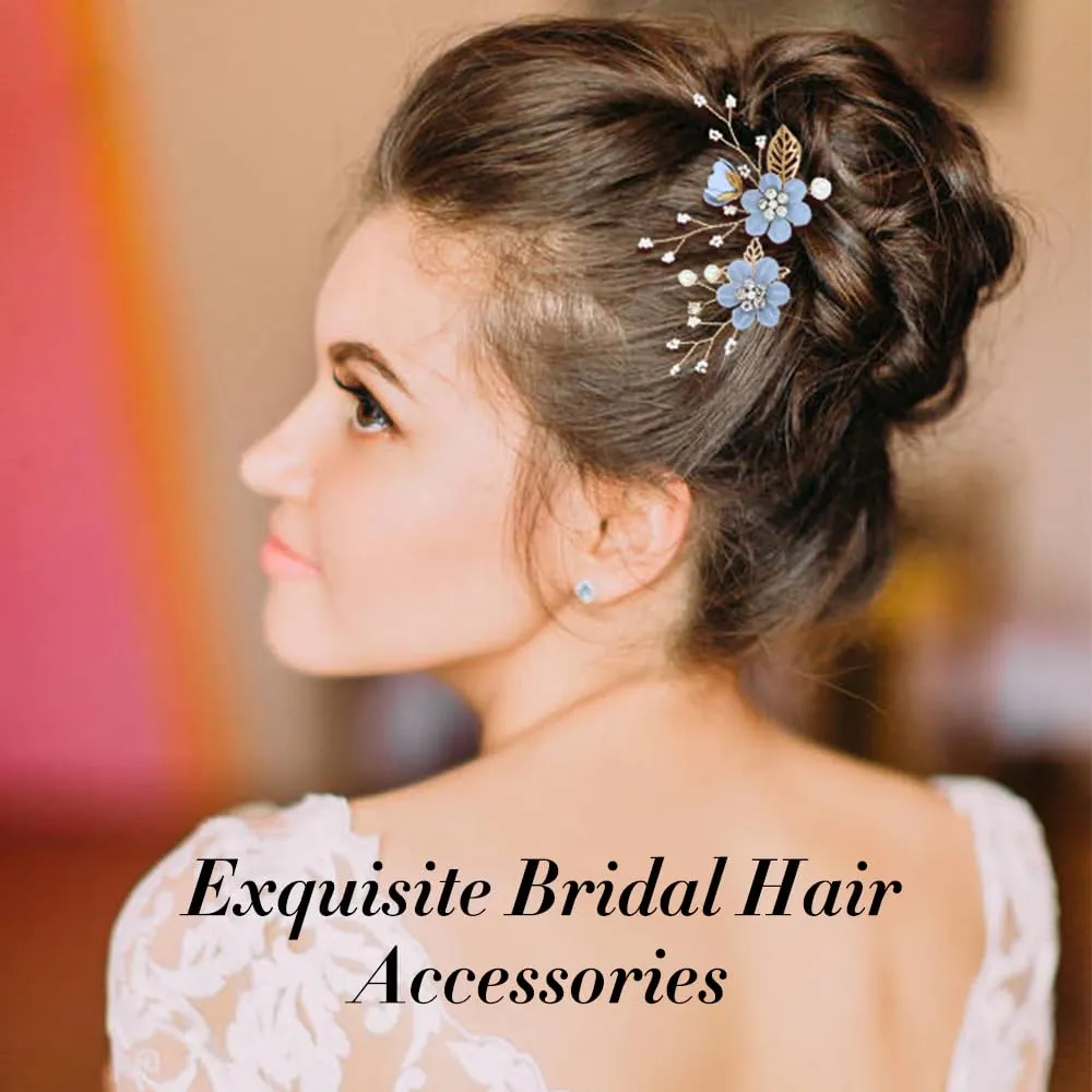 Cinaci 18 Pieces Bridal Wedding Party Prom Pearl Rhinestone Light Blue Flower Hair Side Combs Slides U-shaped Flower Hair Pins Twist Spiral Hairpins Floral Headpieces for Brides Bridesmaids Women Girl