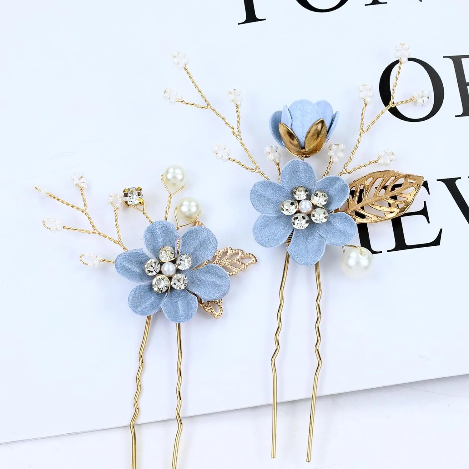 Cinaci 18 Pieces Bridal Wedding Party Prom Pearl Rhinestone Light Blue Flower Hair Side Combs Slides U-shaped Flower Hair Pins Twist Spiral Hairpins Floral Headpieces for Brides Bridesmaids Women Girl