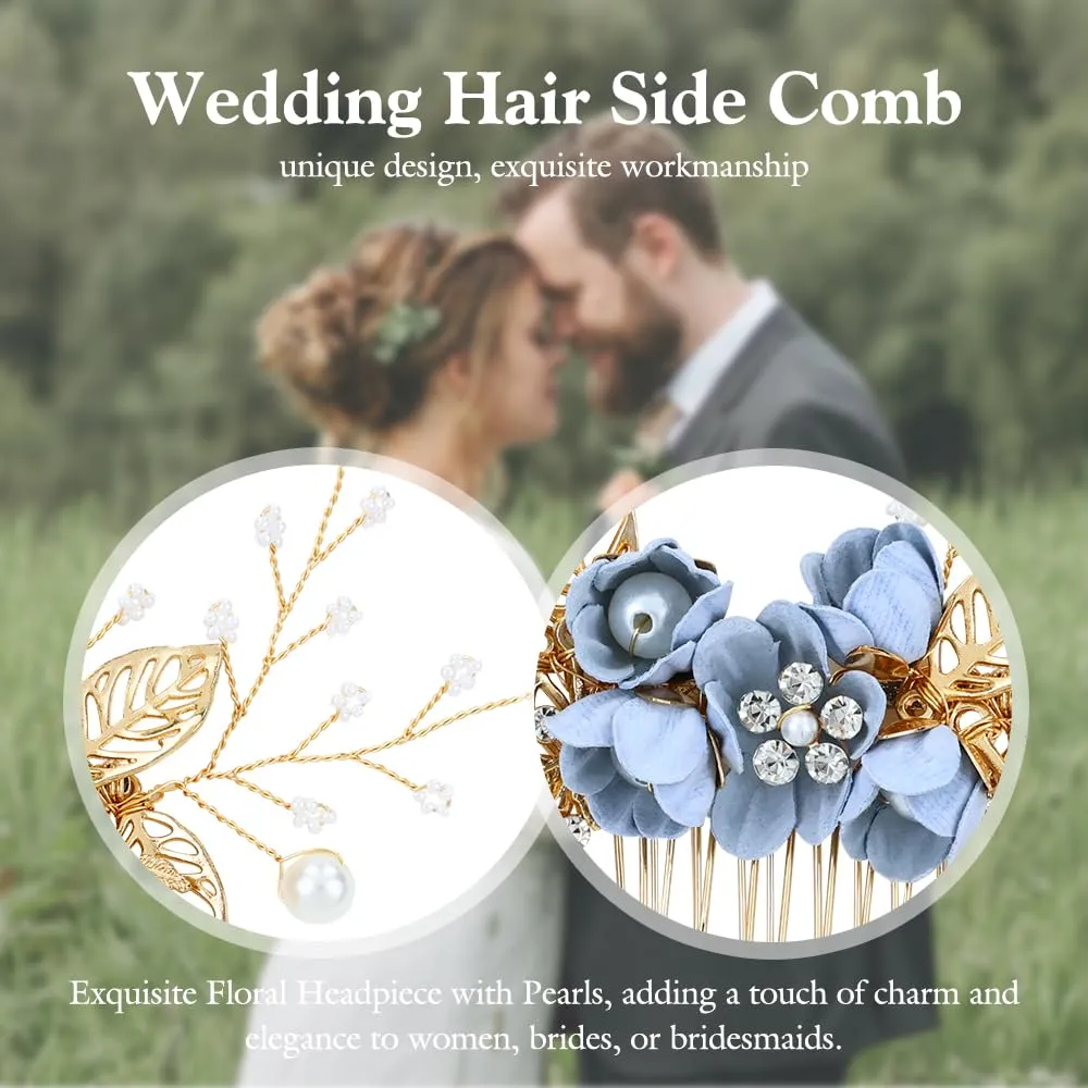 Cinaci 18 Pieces Bridal Wedding Party Prom Pearl Rhinestone Light Blue Flower Hair Side Combs Slides U-shaped Flower Hair Pins Twist Spiral Hairpins Floral Headpieces for Brides Bridesmaids Women Girl