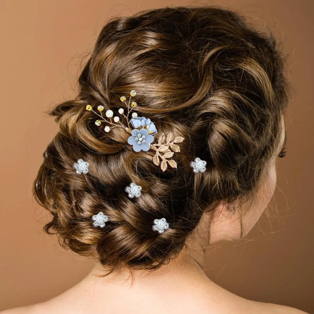 Cinaci 18 Pieces Bridal Wedding Party Prom Pearl Rhinestone Light Blue Flower Hair Side Combs Slides U-shaped Flower Hair Pins Twist Spiral Hairpins Floral Headpieces for Brides Bridesmaids Women Girl