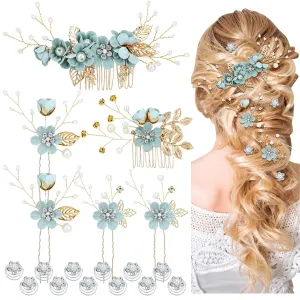 Cinaci 18 Pieces Bridal Wedding Party Prom Pearl Rhinestone Light Green Flower Hair Side Combs Slides U-shaped Flower Hair Pins Twist Spiral Hairpins Floral Headpieces for Brides Bridesmaids Women Gir