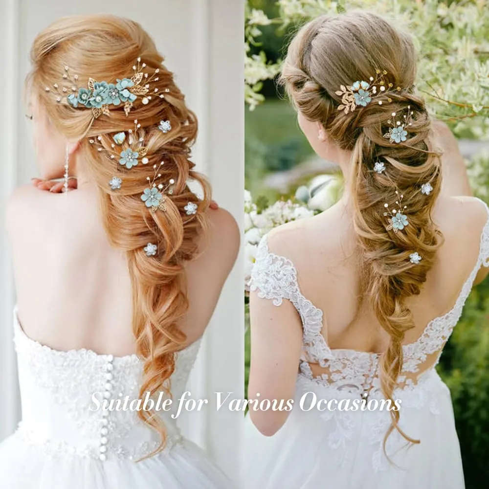 Cinaci 18 Pieces Bridal Wedding Party Prom Pearl Rhinestone Light Green Flower Hair Side Combs Slides U-shaped Flower Hair Pins Twist Spiral Hairpins Floral Headpieces for Brides Bridesmaids Women Gir