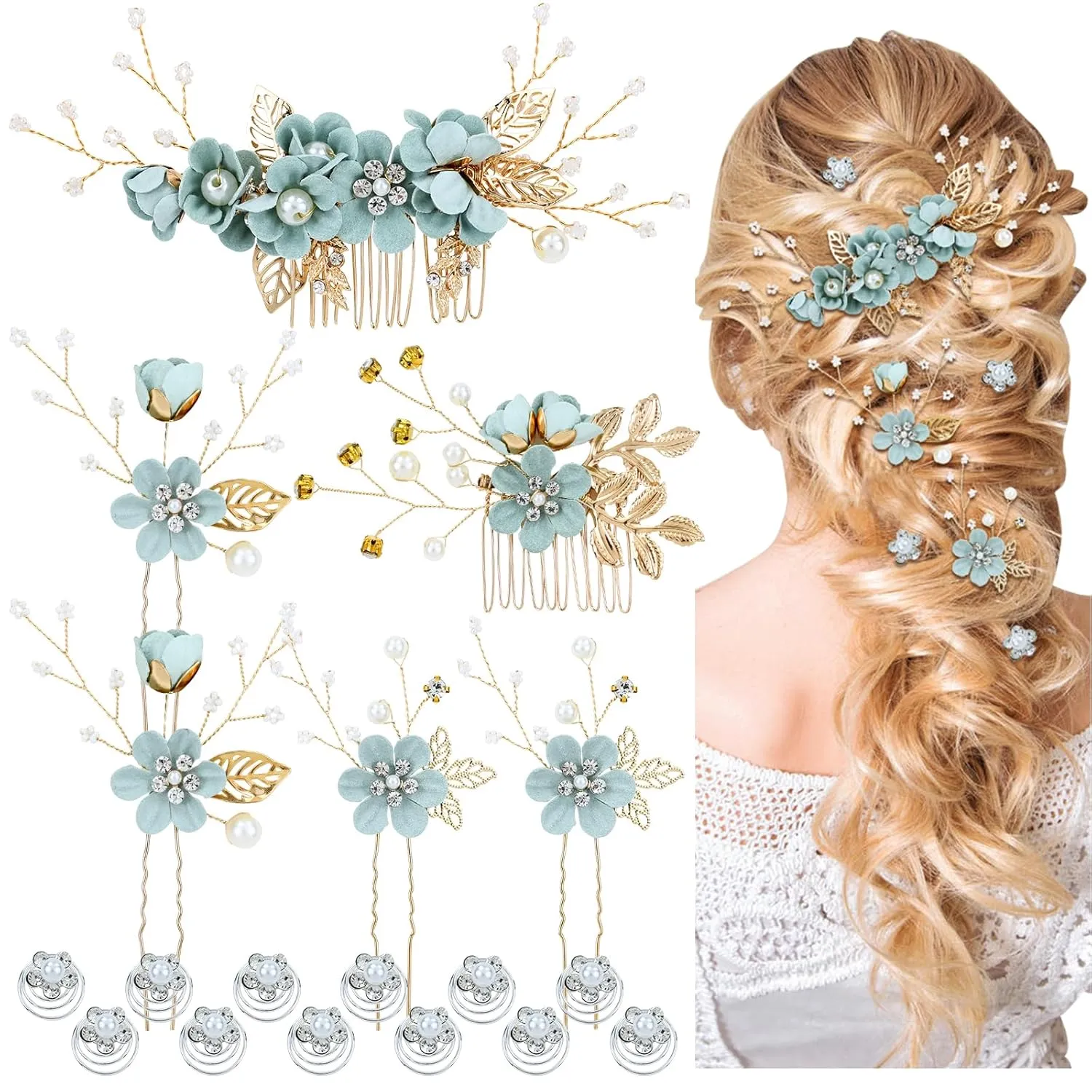 Cinaci 18 Pieces Bridal Wedding Party Prom Pearl Rhinestone Light Green Flower Hair Side Combs Slides U-shaped Flower Hair Pins Twist Spiral Hairpins Floral Headpieces for Brides Bridesmaids Women Gir