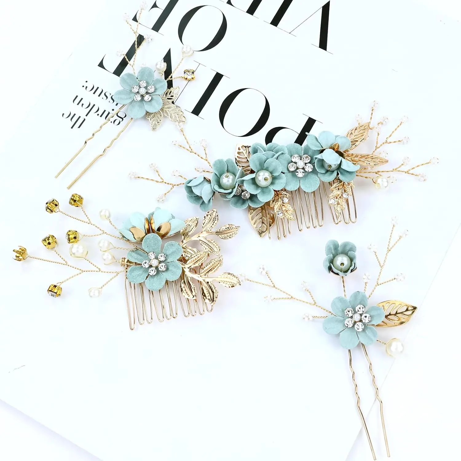 Cinaci 18 Pieces Bridal Wedding Party Prom Pearl Rhinestone Light Green Flower Hair Side Combs Slides U-shaped Flower Hair Pins Twist Spiral Hairpins Floral Headpieces for Brides Bridesmaids Women Gir