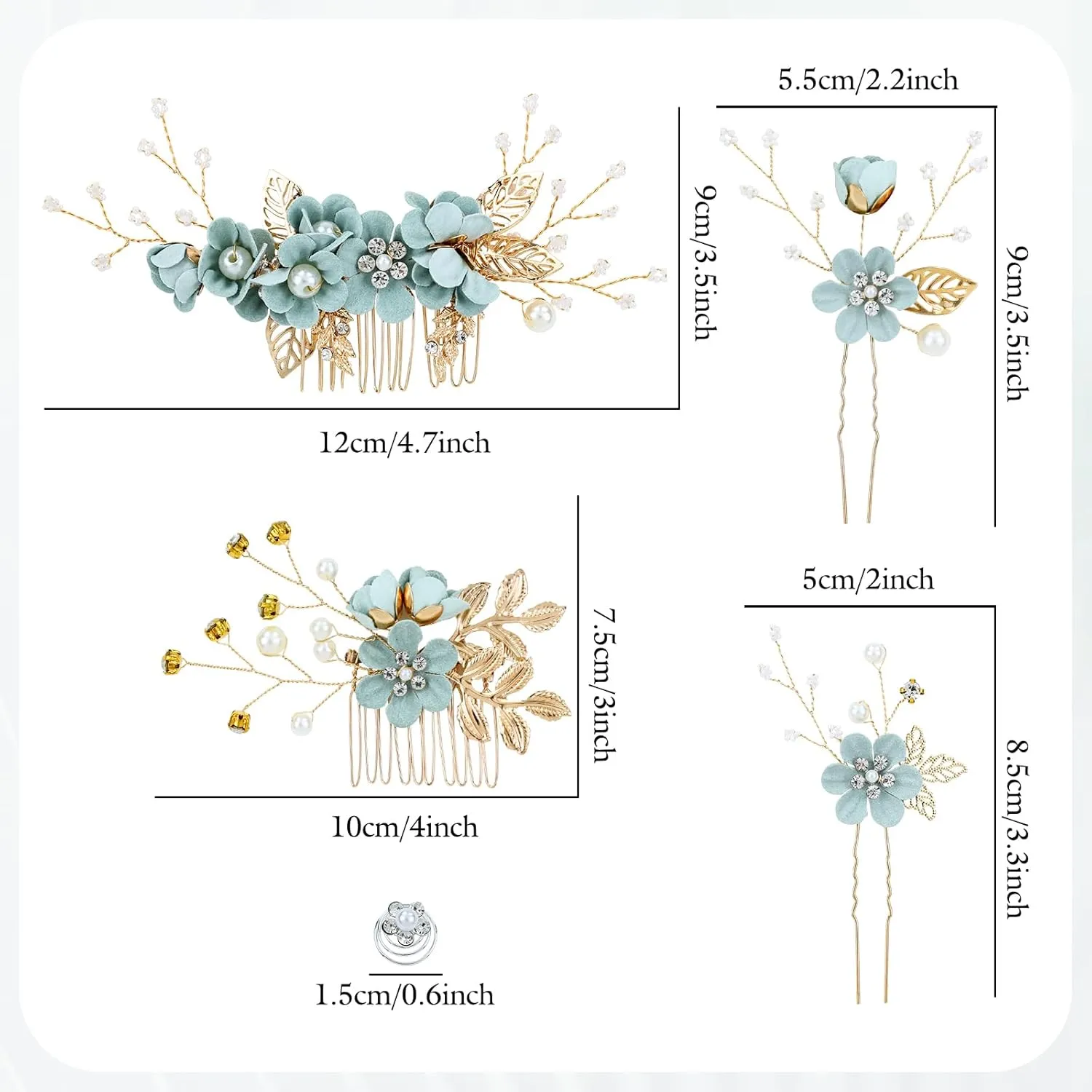 Cinaci 18 Pieces Bridal Wedding Party Prom Pearl Rhinestone Light Green Flower Hair Side Combs Slides U-shaped Flower Hair Pins Twist Spiral Hairpins Floral Headpieces for Brides Bridesmaids Women Gir