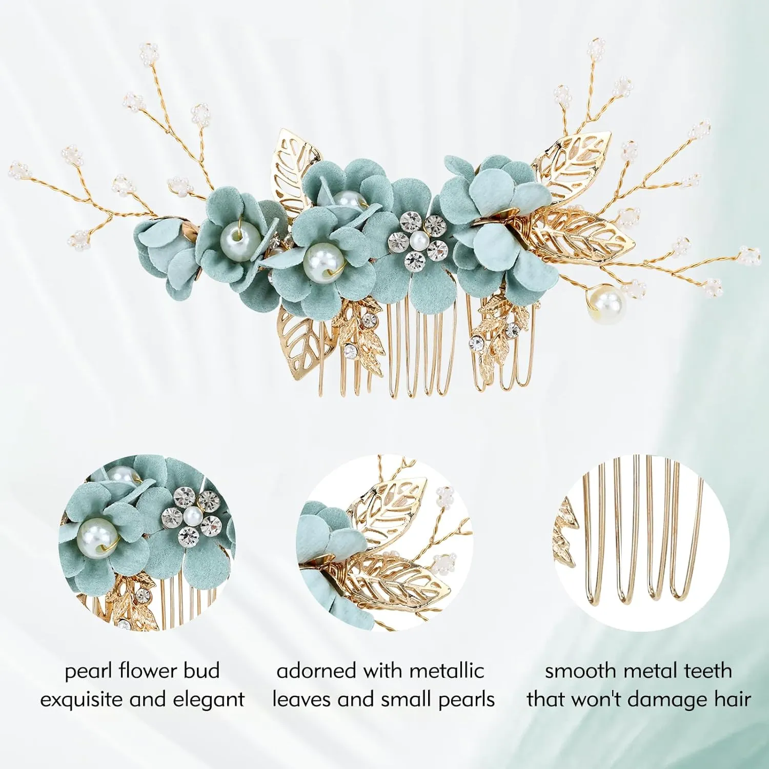 Cinaci 18 Pieces Bridal Wedding Party Prom Pearl Rhinestone Light Green Flower Hair Side Combs Slides U-shaped Flower Hair Pins Twist Spiral Hairpins Floral Headpieces for Brides Bridesmaids Women Gir