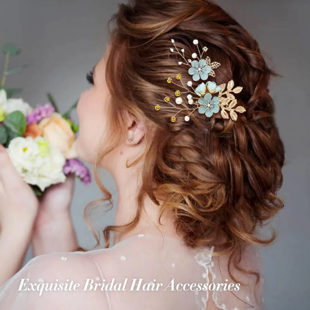 Cinaci 18 Pieces Bridal Wedding Party Prom Pearl Rhinestone Light Green Flower Hair Side Combs Slides U-shaped Flower Hair Pins Twist Spiral Hairpins Floral Headpieces for Brides Bridesmaids Women Gir