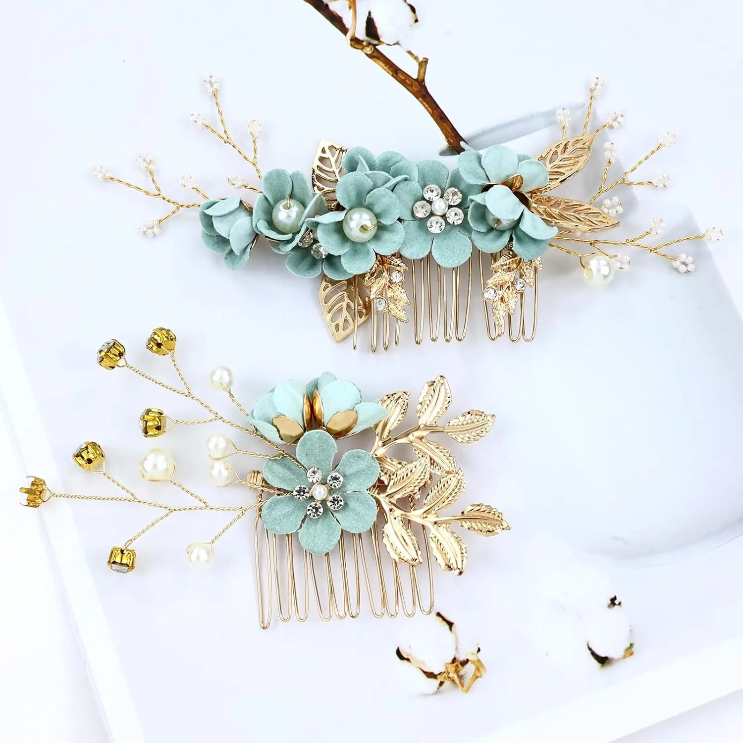 Cinaci 18 Pieces Bridal Wedding Party Prom Pearl Rhinestone Light Green Flower Hair Side Combs Slides U-shaped Flower Hair Pins Twist Spiral Hairpins Floral Headpieces for Brides Bridesmaids Women Gir