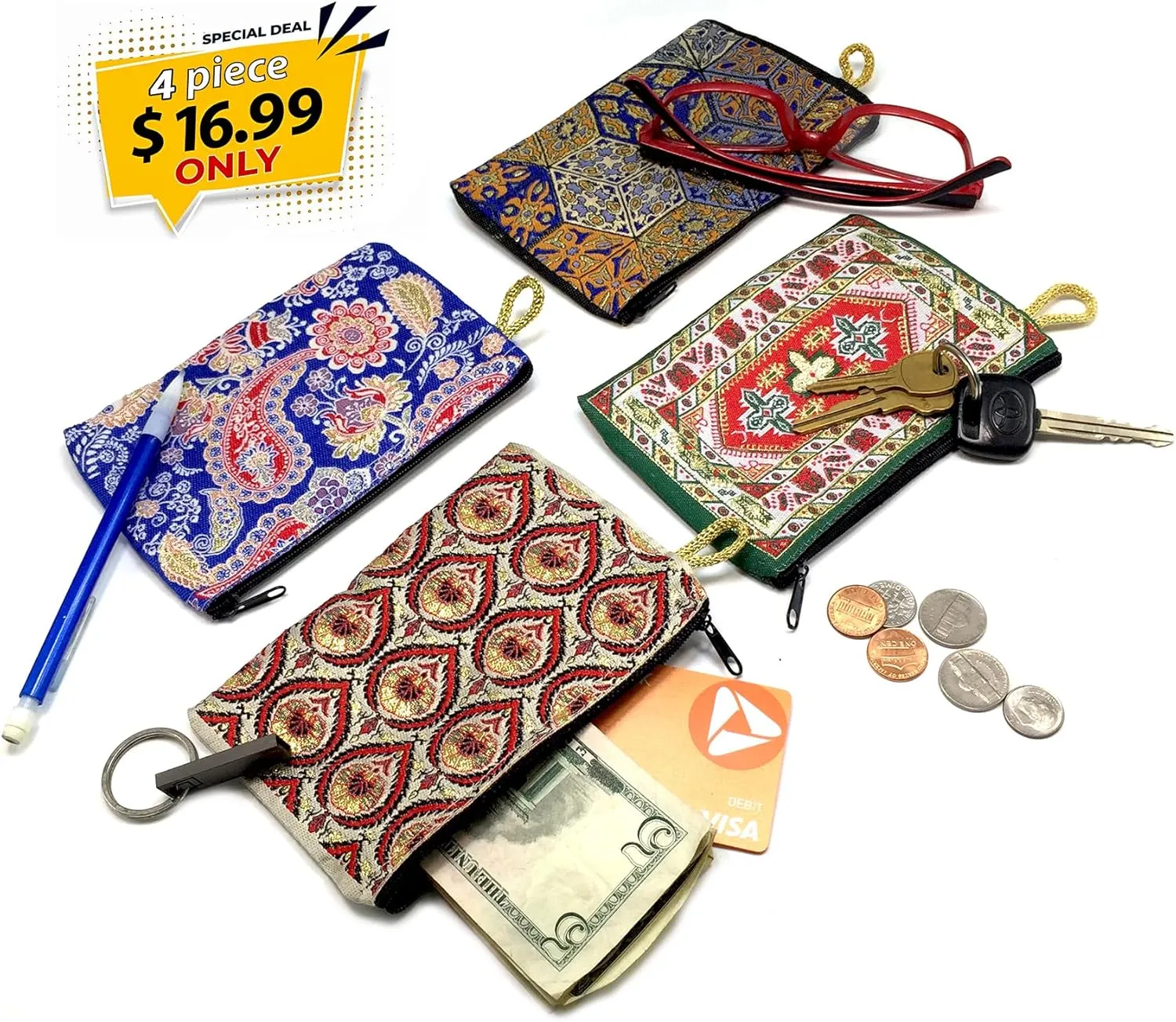 Coin Purse Authentic Patterned Versatile Purse Woven Zipper Pouch Keyring Pouch Coin Wallet Hip Purse Women Makeup Wallet (Set 02)