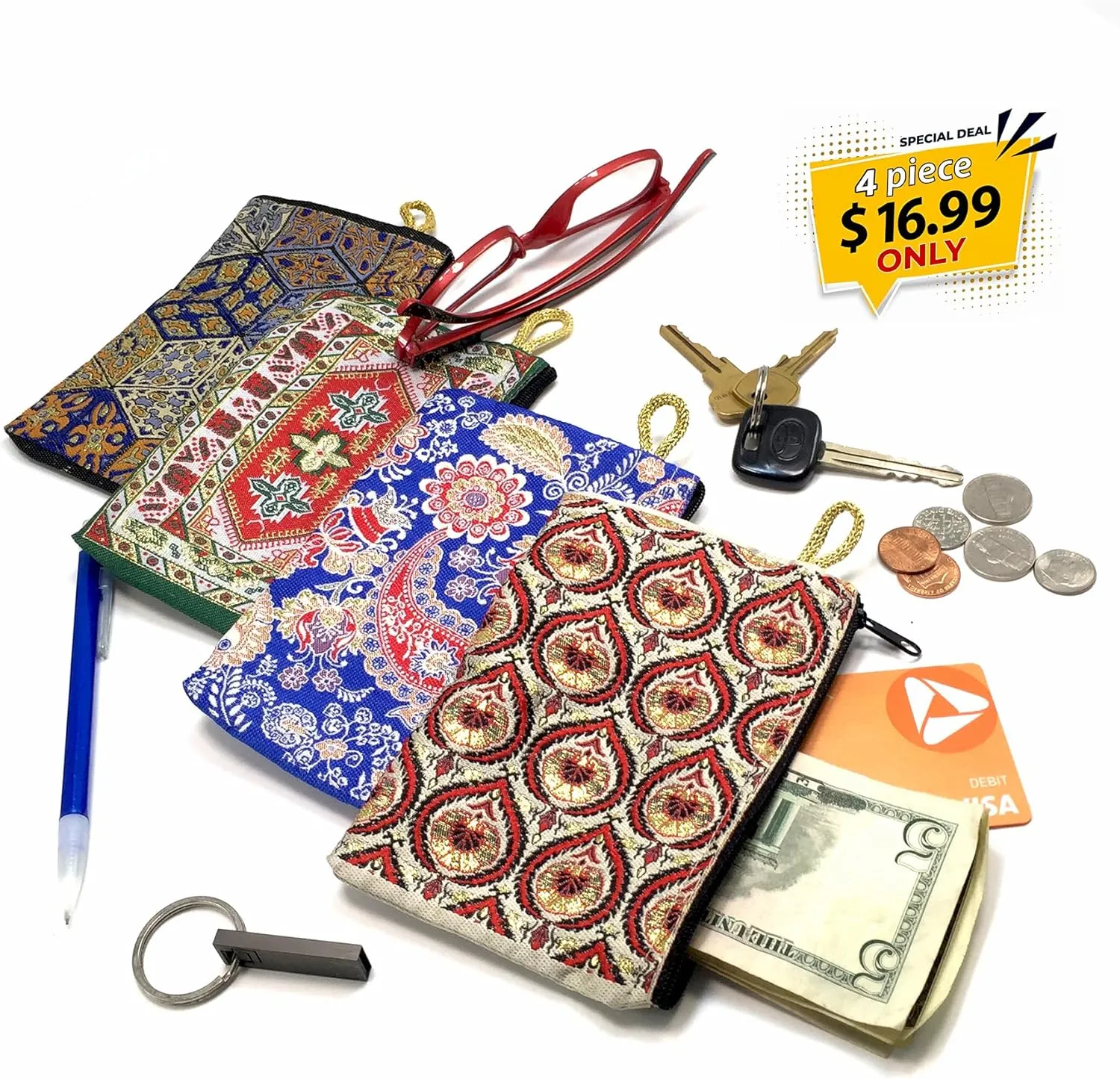 Coin Purse Authentic Patterned Versatile Purse Woven Zipper Pouch Keyring Pouch Coin Wallet Hip Purse Women Makeup Wallet (Set 02)