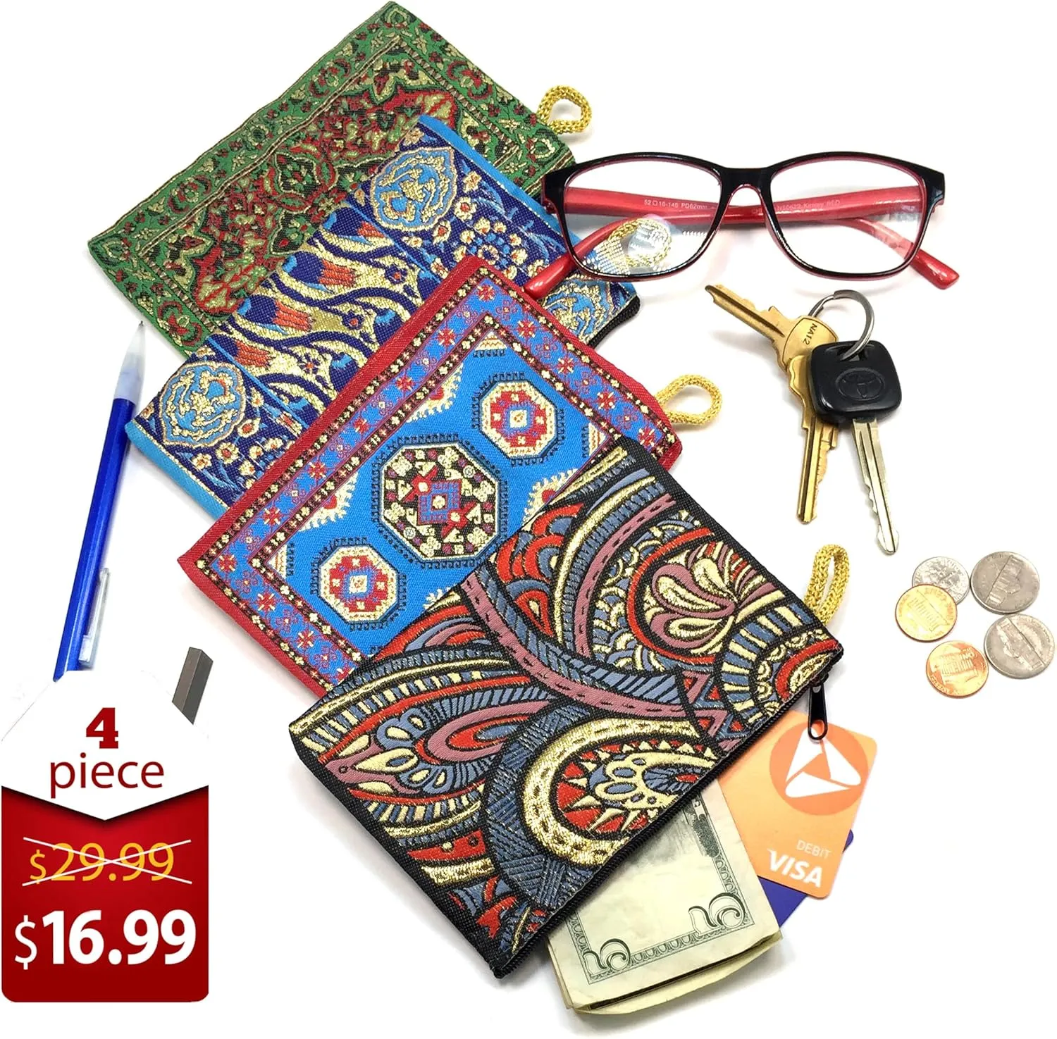 Coin Purse Authentic Patterned Versatile Purse Woven Zipper Pouch Keyring Pouch Coin Wallet Hip Purse Women Makeup Wallet (Set 07)