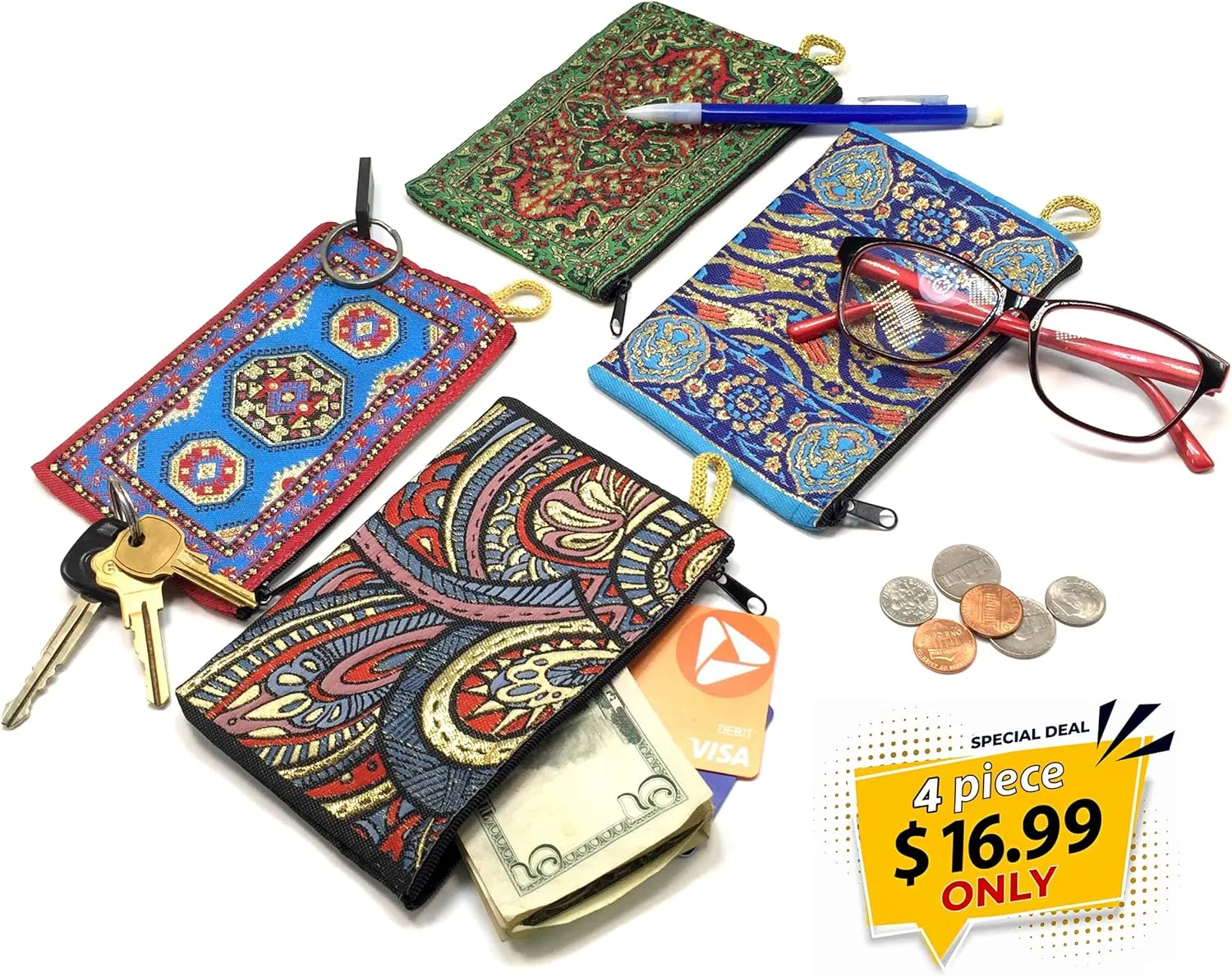 Coin Purse Authentic Patterned Versatile Purse Woven Zipper Pouch Keyring Pouch Coin Wallet Hip Purse Women Makeup Wallet (Set 07)