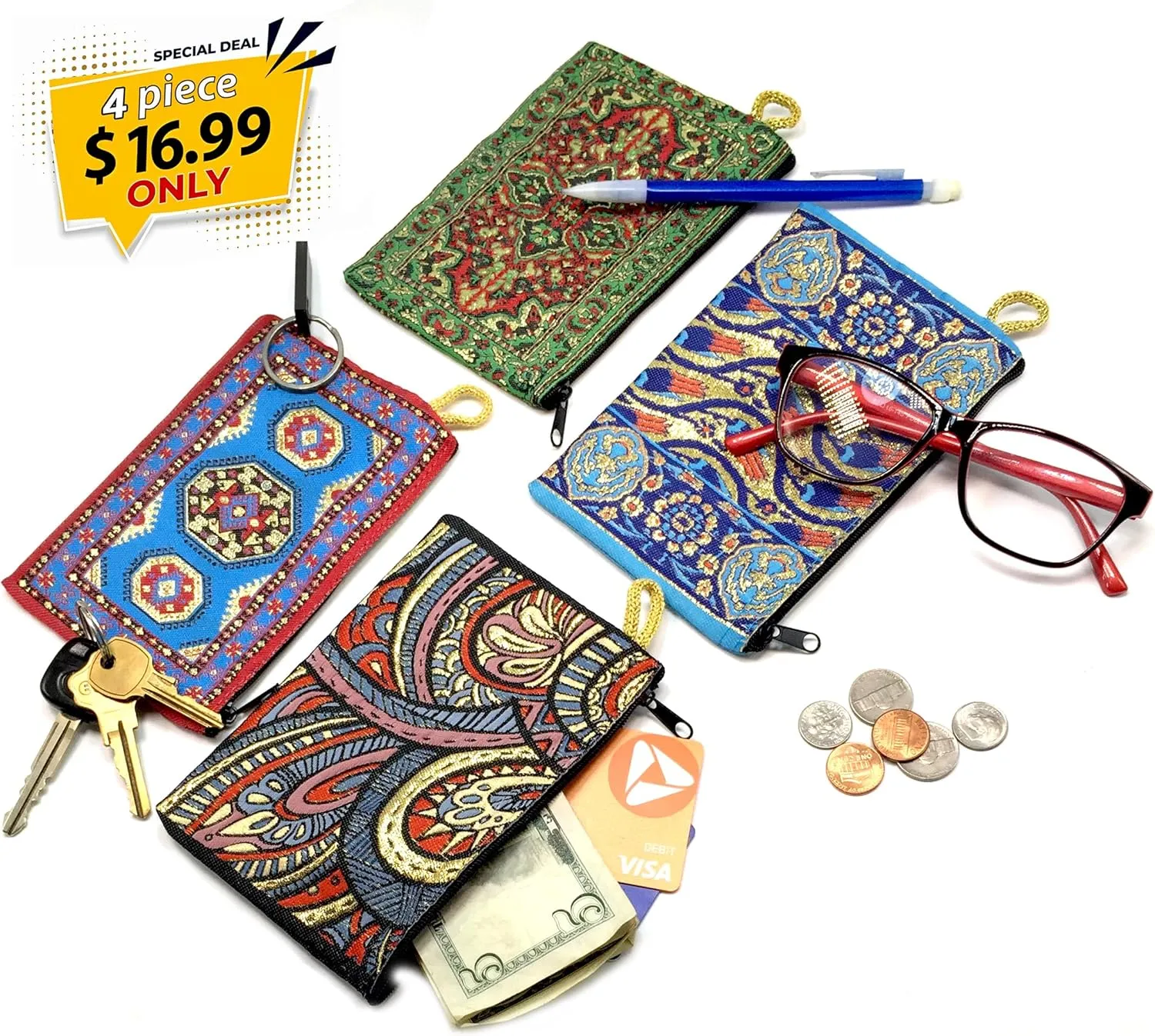 Coin Purse Authentic Patterned Versatile Purse Woven Zipper Pouch Keyring Pouch Coin Wallet Hip Purse Women Makeup Wallet (Set 07)