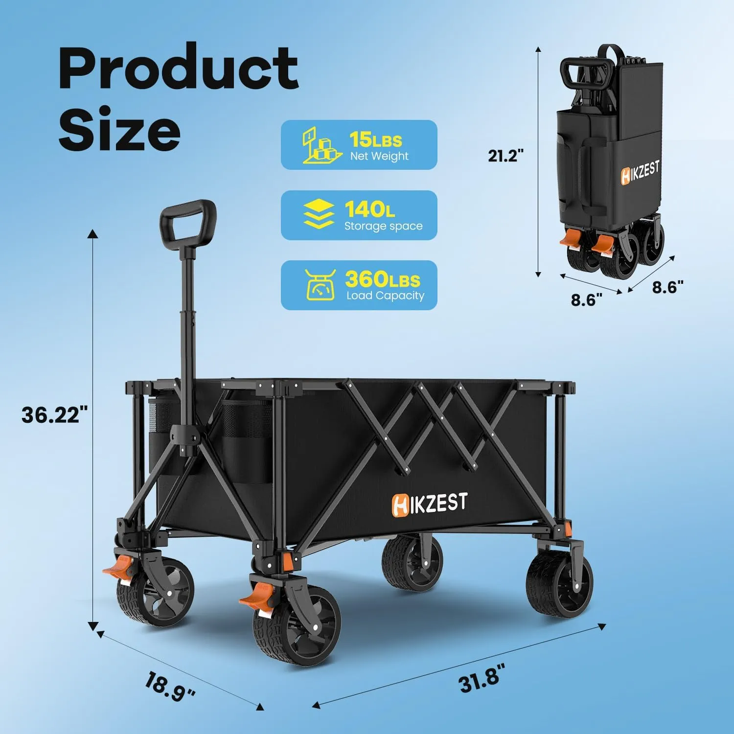 Collapsible Wagon Cart Foldable, 360LBS Heavy Duty Utility Wagon, Beach Wagon with Wider Wheels, Portable Grocery Cart for Camping, Shopping, Garden, Sports, Black