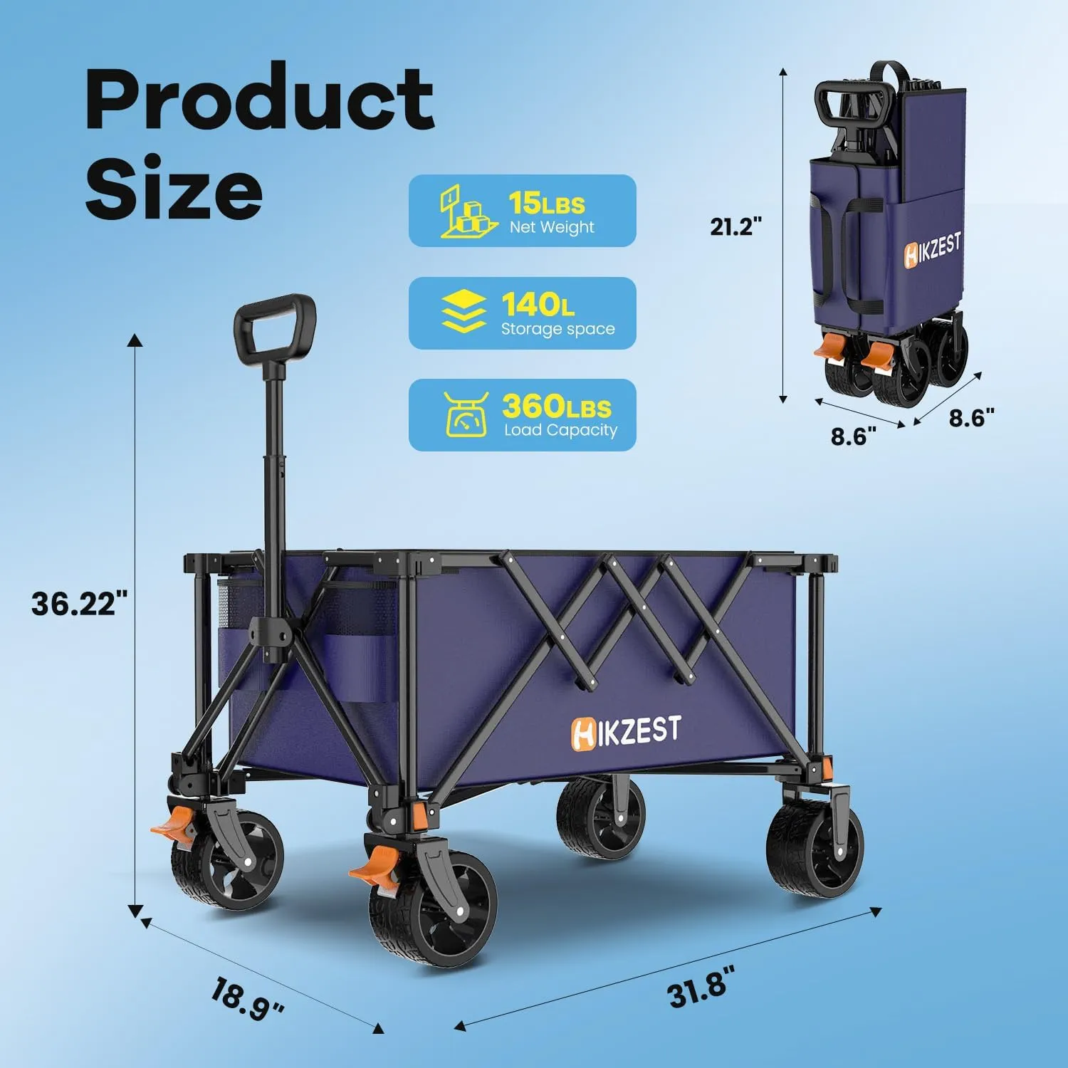 Collapsible Wagon Cart Foldable, 360LBS Heavy Duty Utility Wagon, Beach Wagon with Wider Wheels, Portable Grocery Cart for Camping, Shopping, Garden, Sports, Blue
