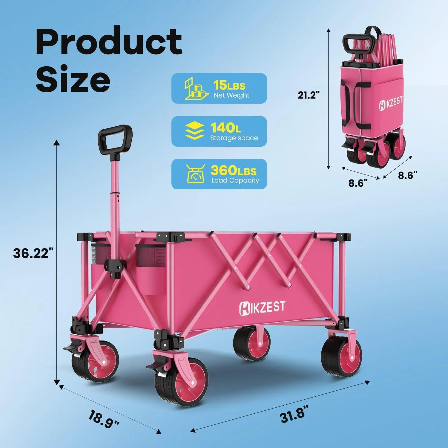 Collapsible Wagon Cart Foldable, 360LBS Heavy Duty Utility Wagon, Beach Wagon with Wider Wheels, Portable Grocery Cart for Camping, Shopping, Garden, Sports, Pink