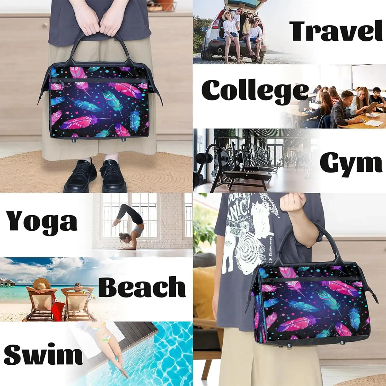 Colorful Abstract Feather Travel Duffel Bag Gym Tote Bag for Women Men Waterproof Weekend Overnight Bag Carry On Tote Luggage with Pocket Personal Item Bags Sports Bag fit Travel Sports Gym Yoga