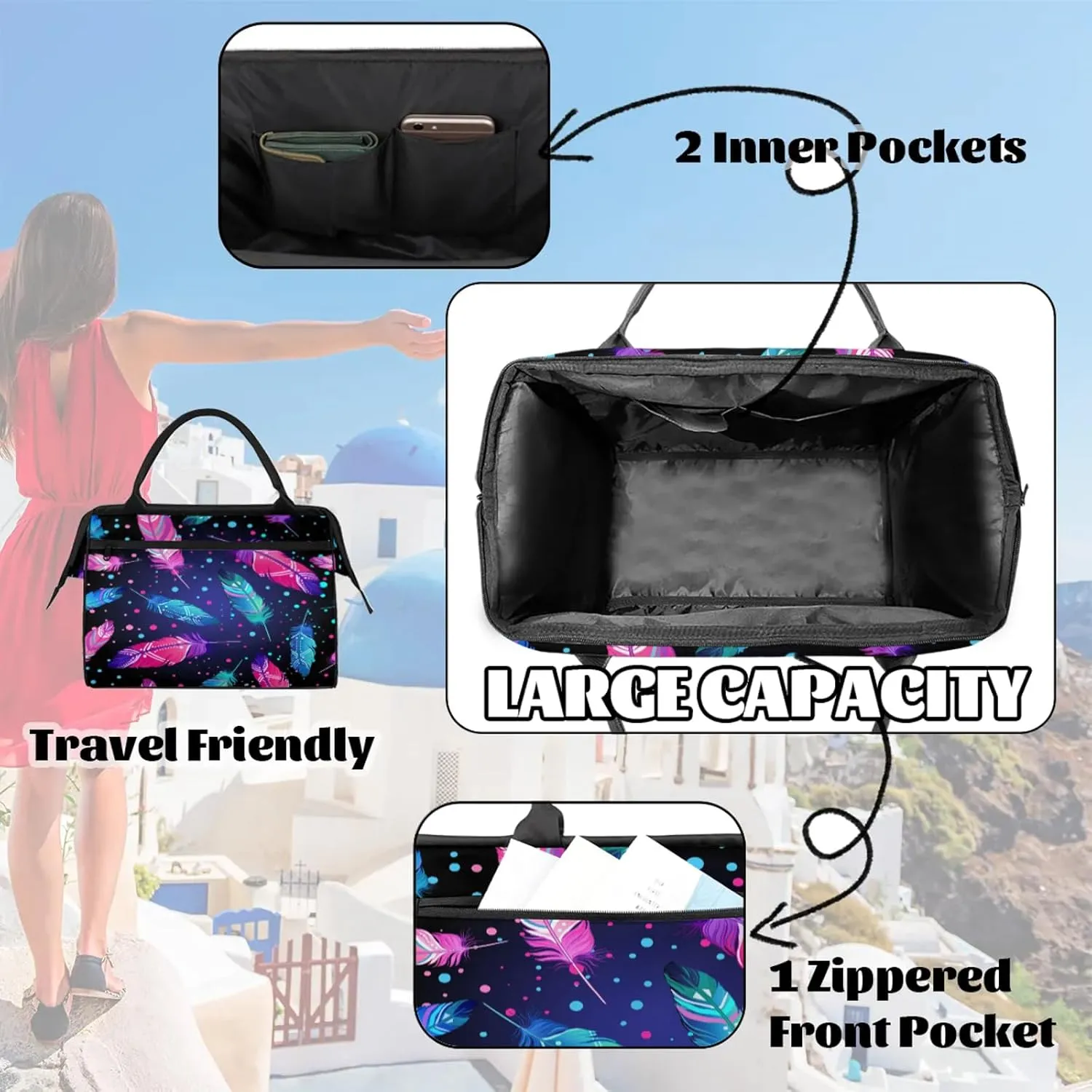 Colorful Abstract Feather Travel Duffel Bag Gym Tote Bag for Women Men Waterproof Weekend Overnight Bag Carry On Tote Luggage with Pocket Personal Item Bags Sports Bag fit Travel Sports Gym Yoga