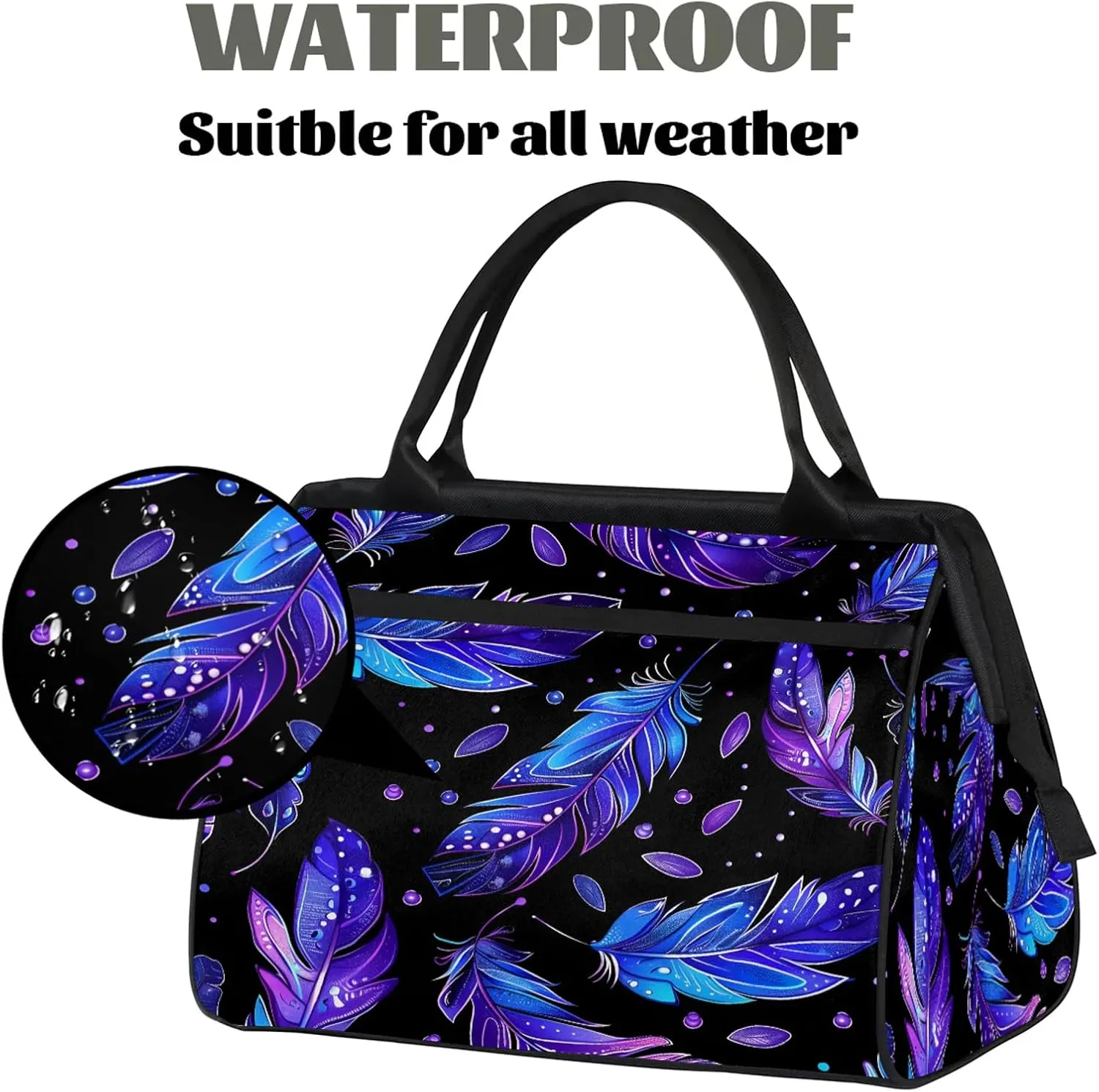 Colorful Black Feather Large Travel Duffel Bag Gym Tote Bag for Women Men Waterproof Weekend Overnight Bag Carry On Tote Luggage with Pocket Personal Item Bags Sports Bag fit Travel Sports Gym Yoga