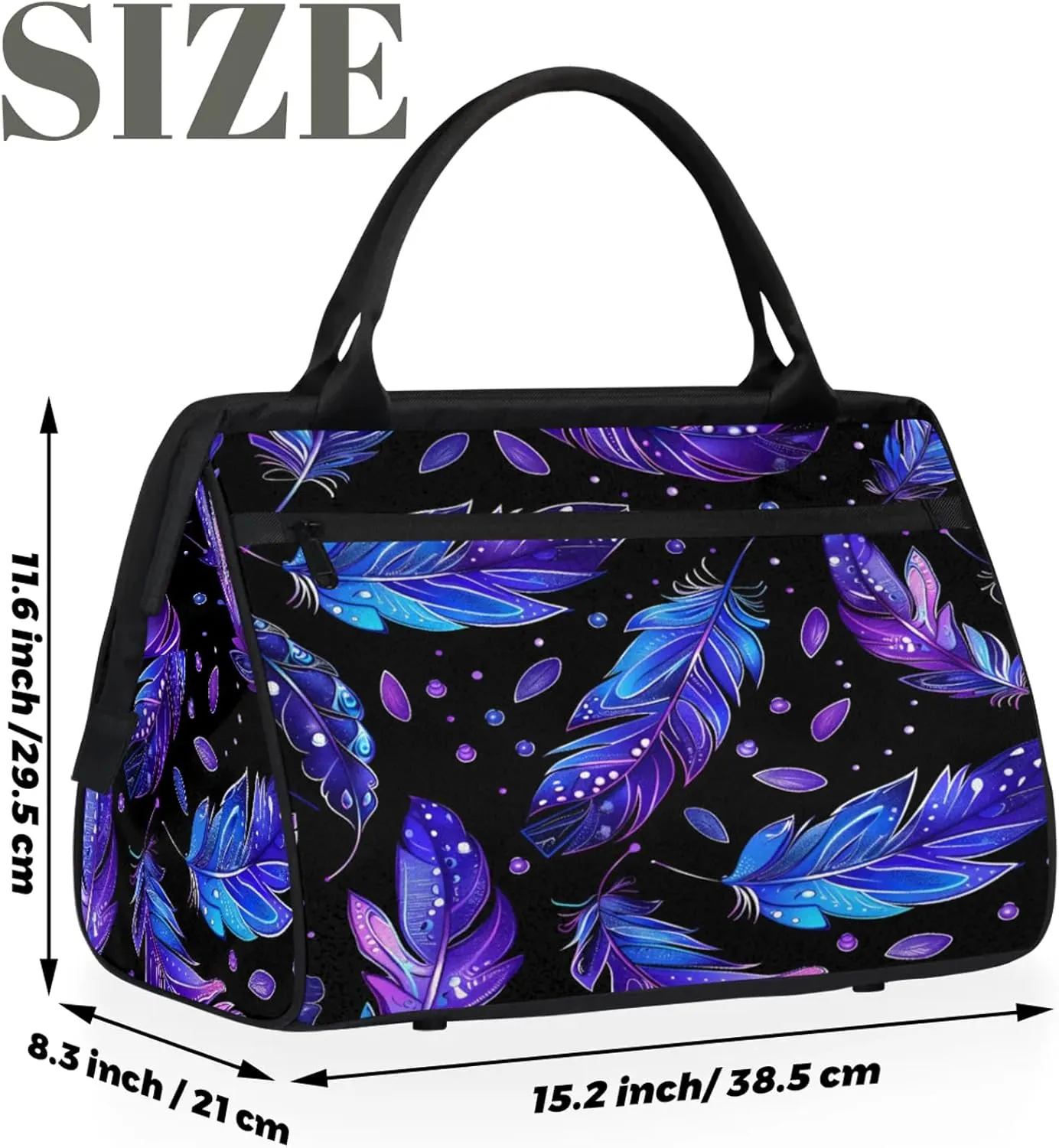 Colorful Black Feather Large Travel Duffel Bag Gym Tote Bag for Women Men Waterproof Weekend Overnight Bag Carry On Tote Luggage with Pocket Personal Item Bags Sports Bag fit Travel Sports Gym Yoga