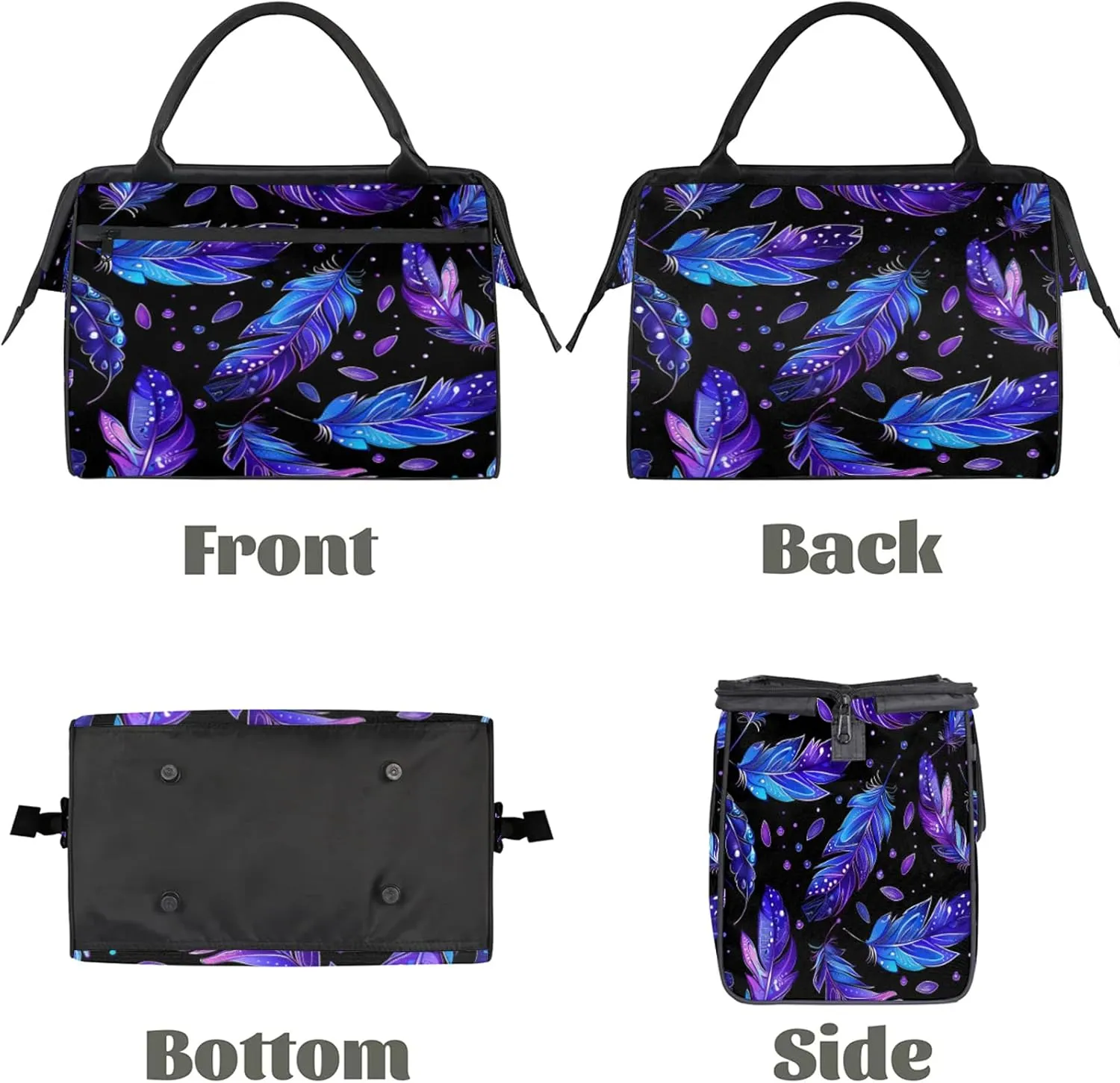 Colorful Black Feather Large Travel Duffel Bag Gym Tote Bag for Women Men Waterproof Weekend Overnight Bag Carry On Tote Luggage with Pocket Personal Item Bags Sports Bag fit Travel Sports Gym Yoga