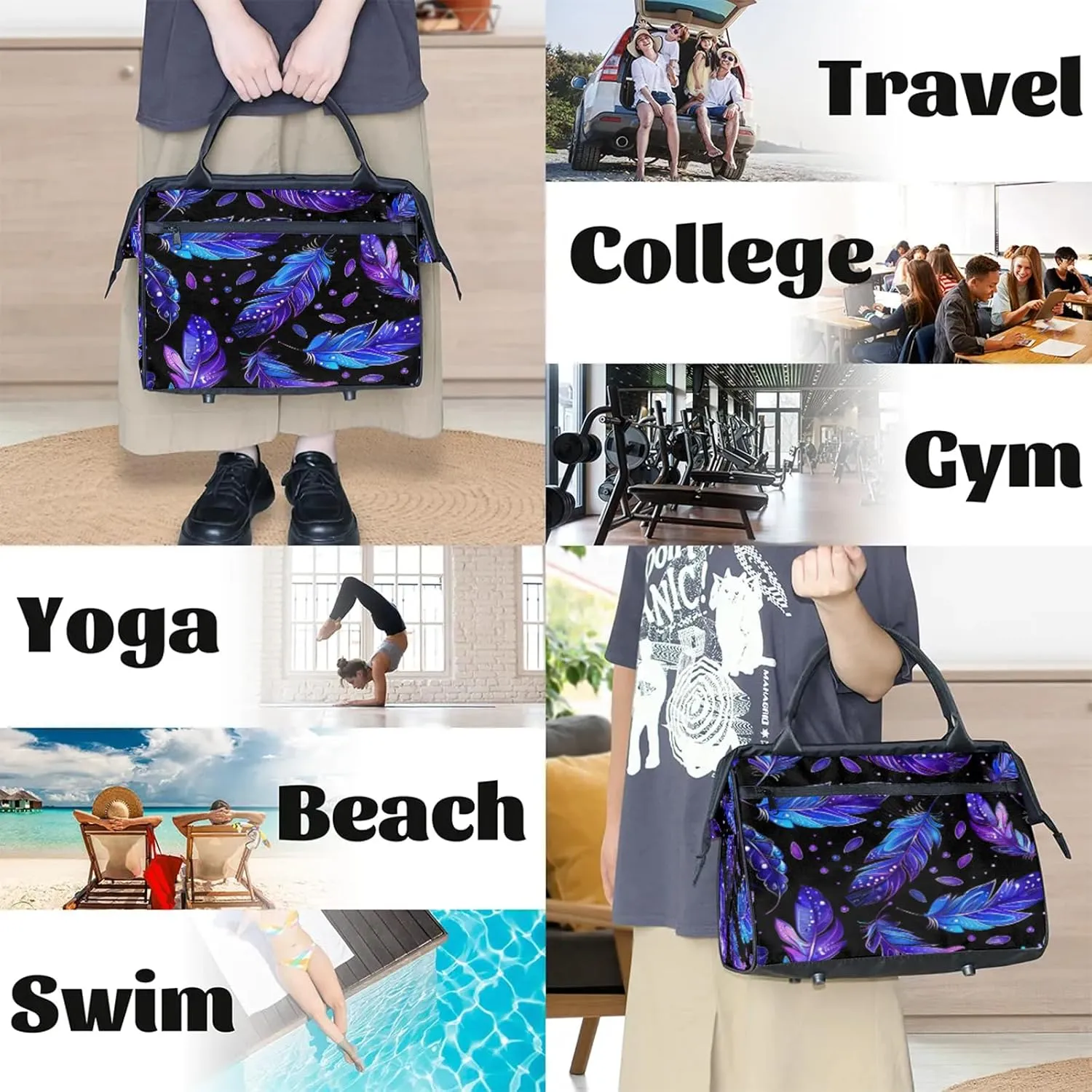 Colorful Black Feather Large Travel Duffel Bag Gym Tote Bag for Women Men Waterproof Weekend Overnight Bag Carry On Tote Luggage with Pocket Personal Item Bags Sports Bag fit Travel Sports Gym Yoga