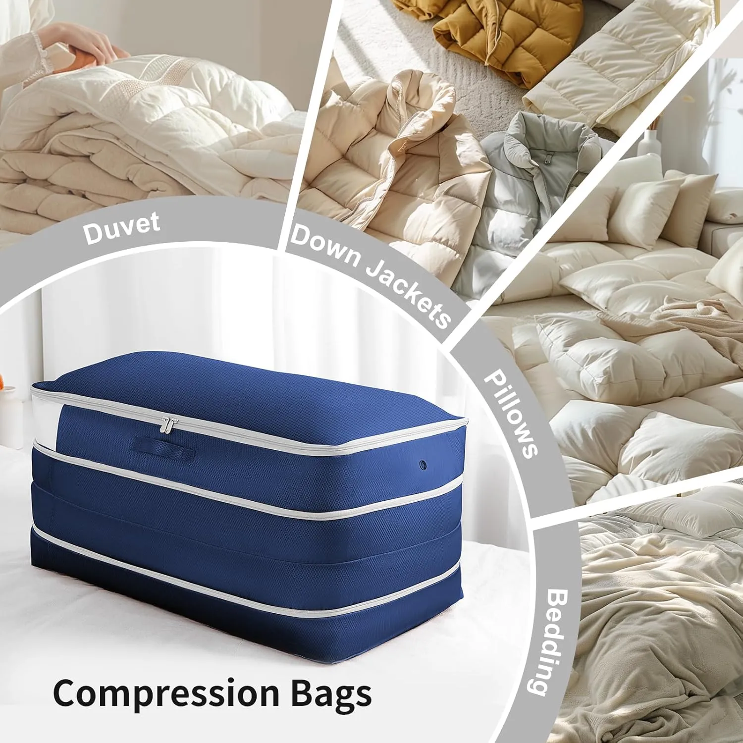 Comforter Storage Bag - Large Capacity Bedding Storage Bags Ultra Space Saving Self Compression Organizer, Washable Compression Bags for Storage Comforter Blanket Duvet, 2-Pack, Navy Blue