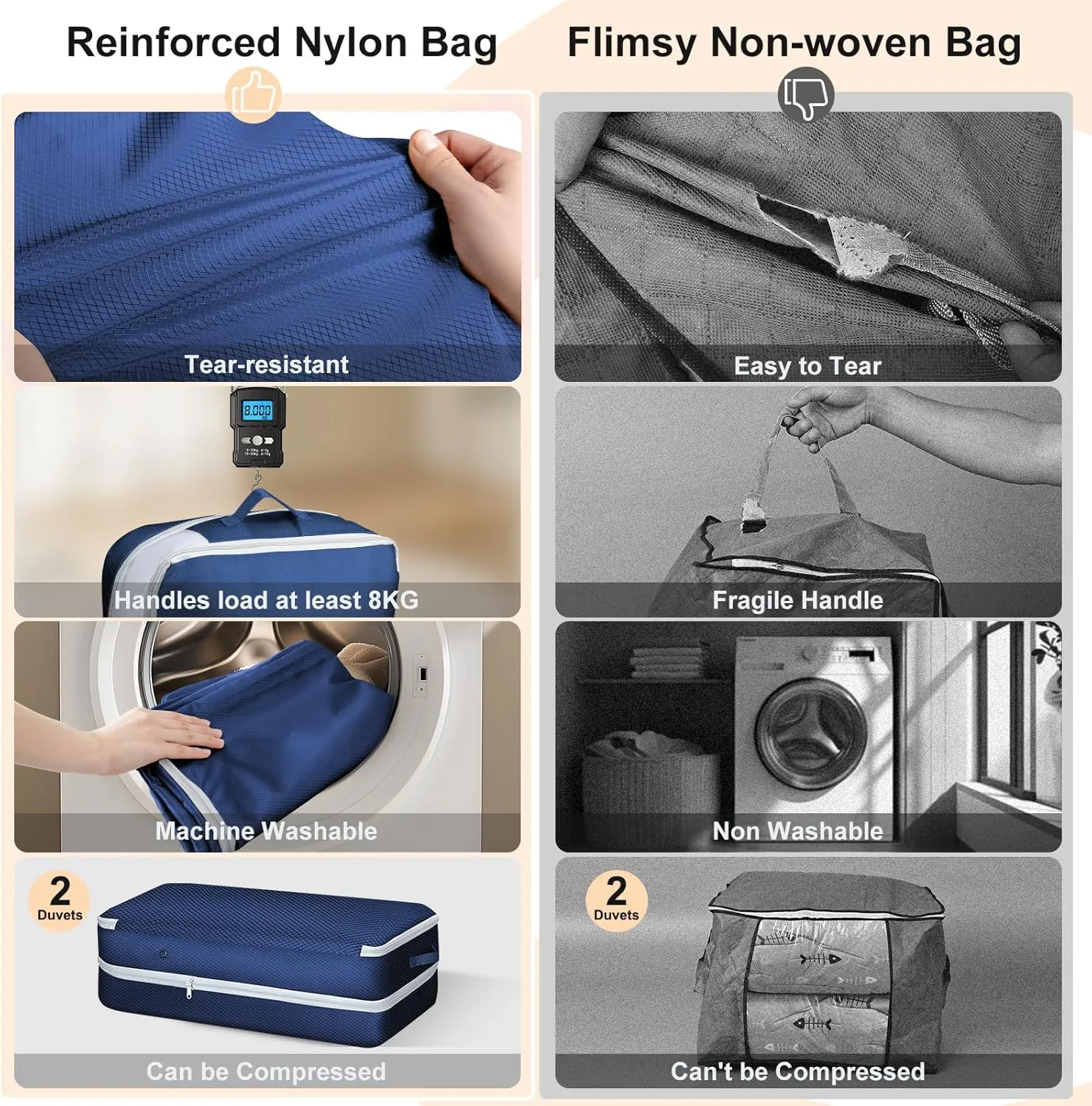 Comforter Storage Bag - Large Capacity Bedding Storage Bags Ultra Space Saving Self Compression Organizer, Washable Compression Bags for Storage Comforter Blanket Duvet, 2-Pack, Navy Blue