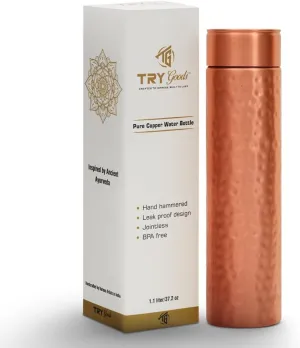 Copper Water Bottle 37.2 OZ/1.1 L Large Capacity Handmade Hammered Pure Copper Bottle for Drinking with Health Benefit Leak Proof Durable Easy to Carry Ideal for Home Travel Office Use