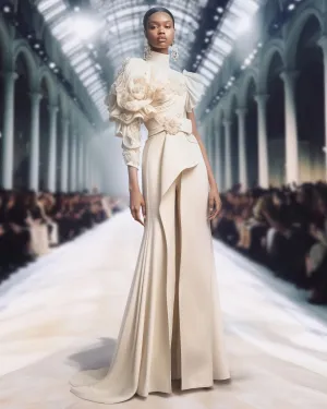 Crepe Satin beaded jumpsuit with overskirt