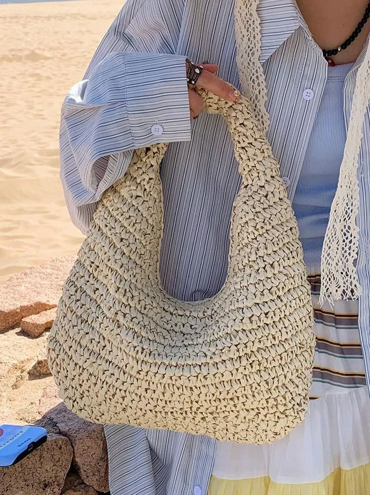 Crescent Straw Handbag for Women Straw Summer Beach Tote Handbag Vacation Shoulder Purses Raffia Woven Hobo Bag Clutch