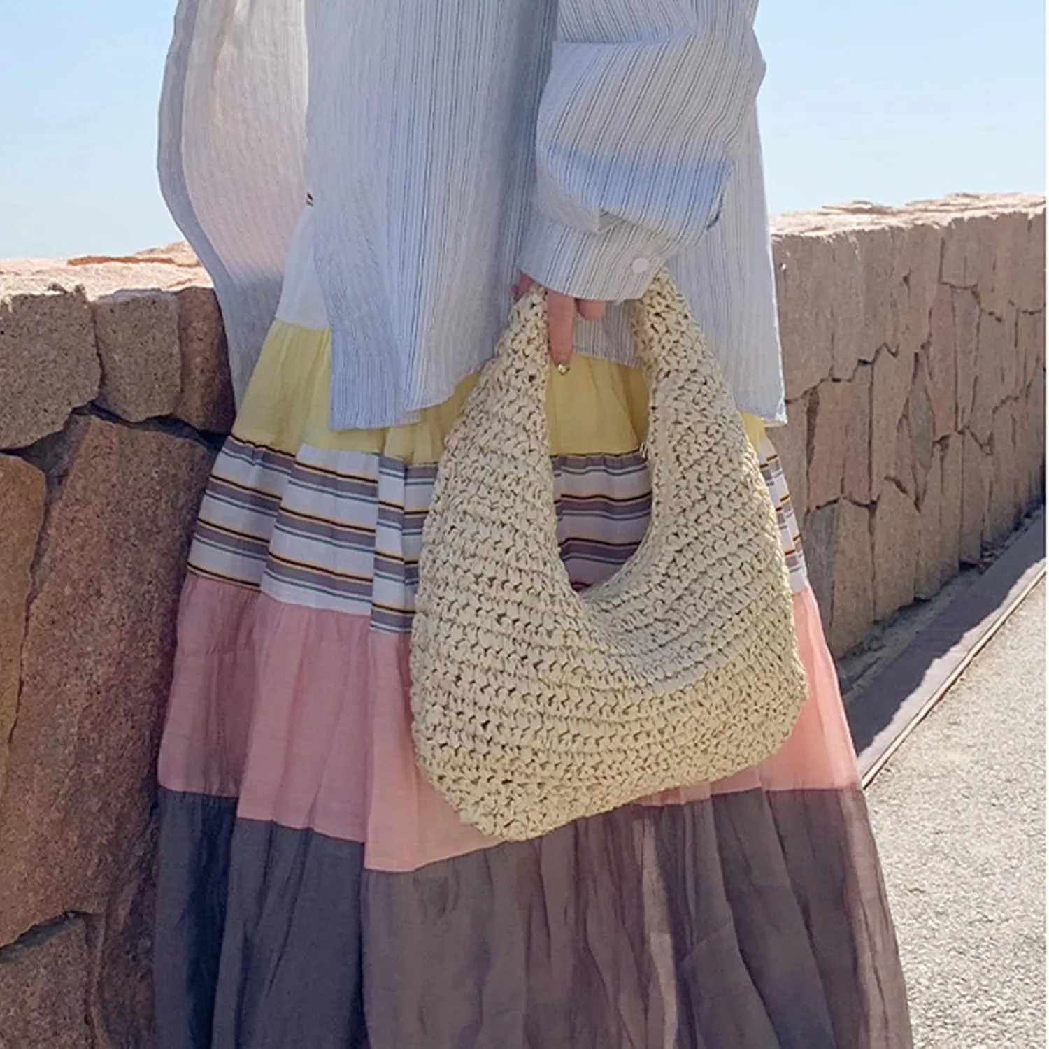 Crescent Straw Shoulder Handbag for Women Summer Beach Tote Raffia Woven Purse Hobo Underarm Bag 2025