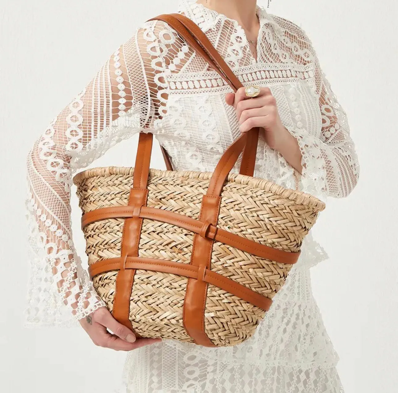CROSS STITCH STRAW BAG