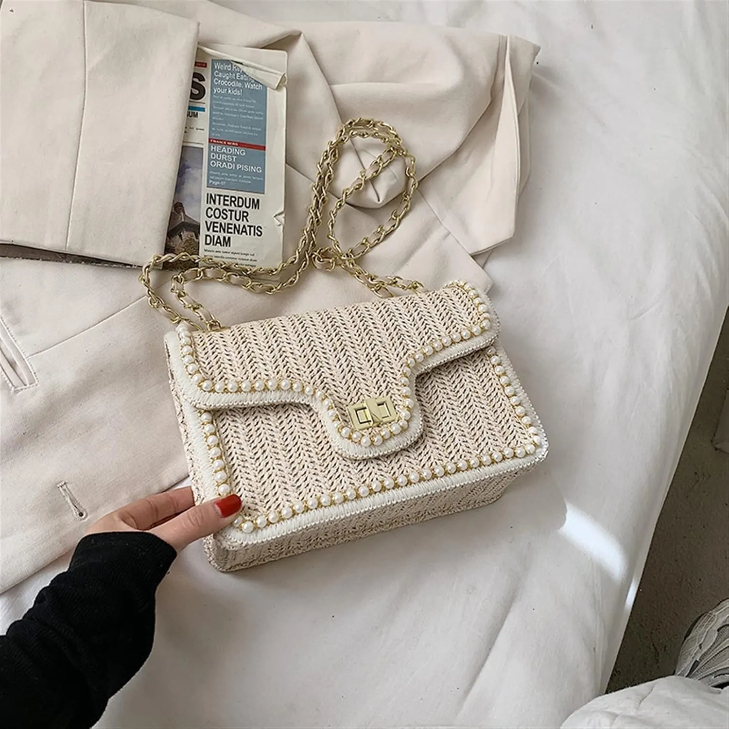 Crossbody Bag Summer Handbag Straw Pearl Women Handbag Pearl Chain Shoulder Bag Handbag