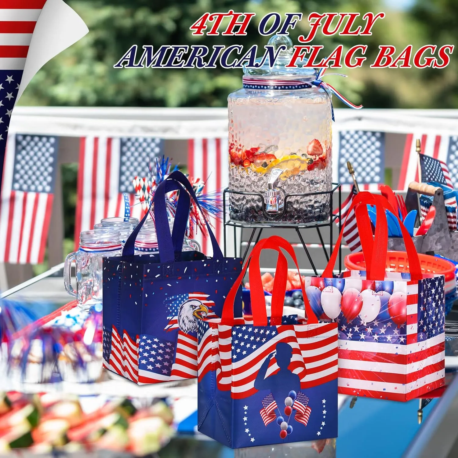 Ctosree 24 Pcs Patriotic Gift Bags Bulk 4th of July Memorial Independence Day Celebration-red White Blue Non Woven Tote with Handle