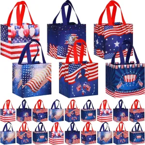 Ctosree 24 Pcs Patriotic Gift Bags Bulk 4th of July Memorial Independence Day Celebration-red White Blue Non Woven Tote with Handle