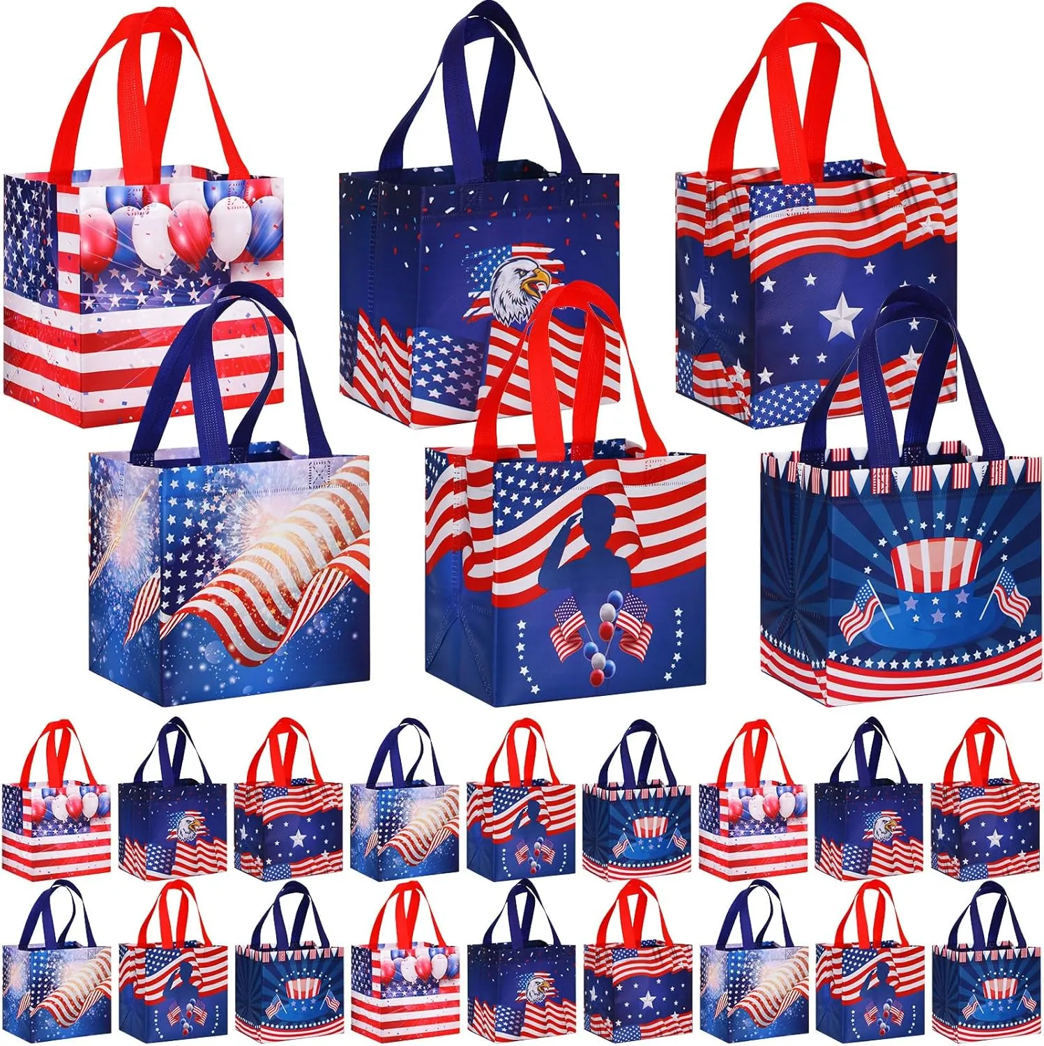 Ctosree 24 Pcs Patriotic Gift Bags Bulk 4th of July Memorial Independence Day Celebration-red White Blue Non Woven Tote with Handle