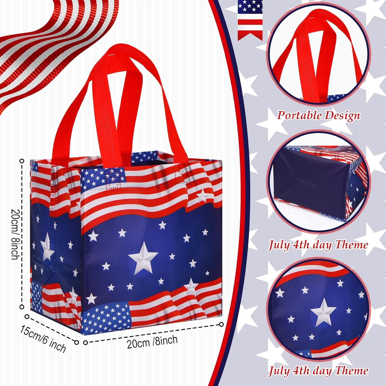 Ctosree 24 Pcs Patriotic Gift Bags Bulk 4th of July Memorial Independence Day Celebration-red White Blue Non Woven Tote with Handle