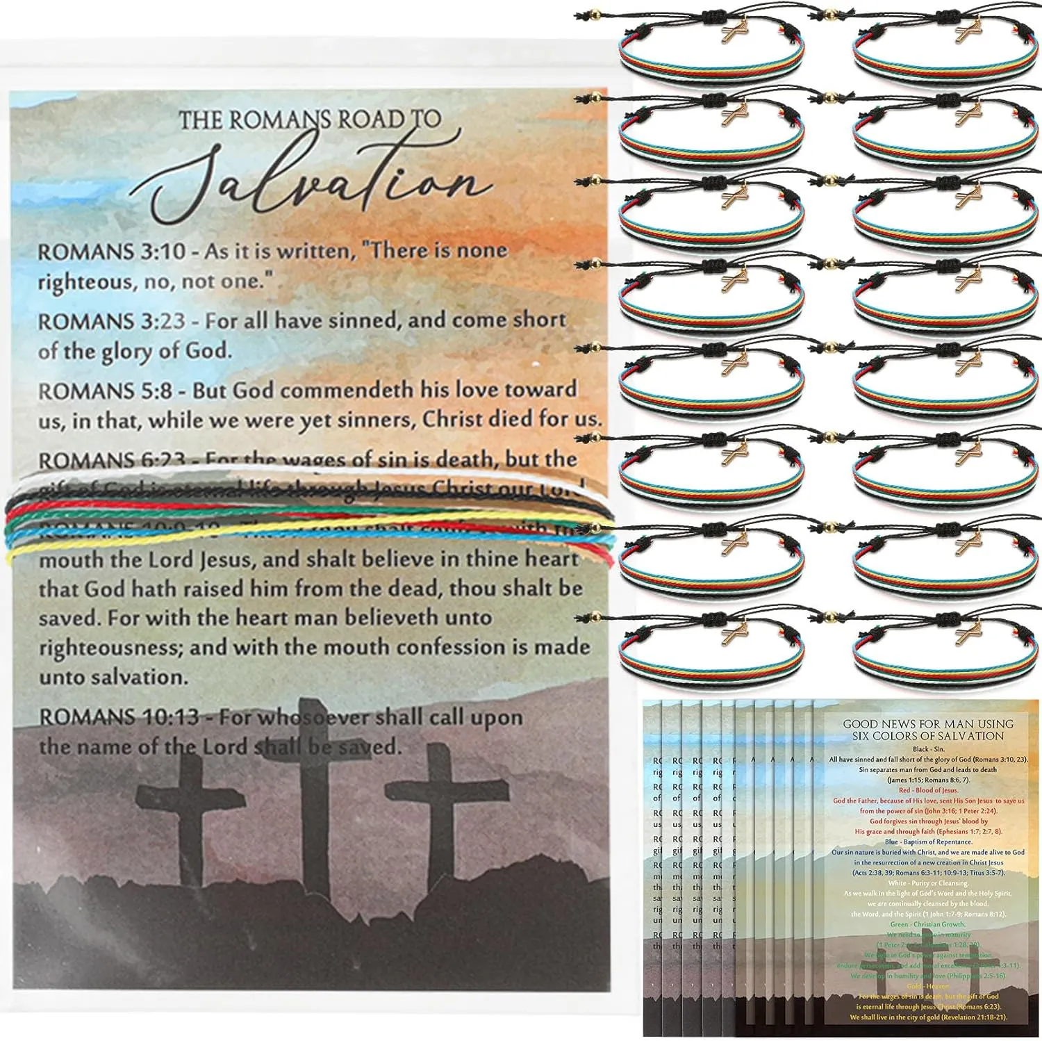 Cunno 25 Sets Plan of Salvation Gifts The Roman Road to Salvation Mothers Day Christian Tracts Cards Bookmarks and Cross Bracelets Scripture Bible Gifts Bulk for Evangelism Fathers Day Church