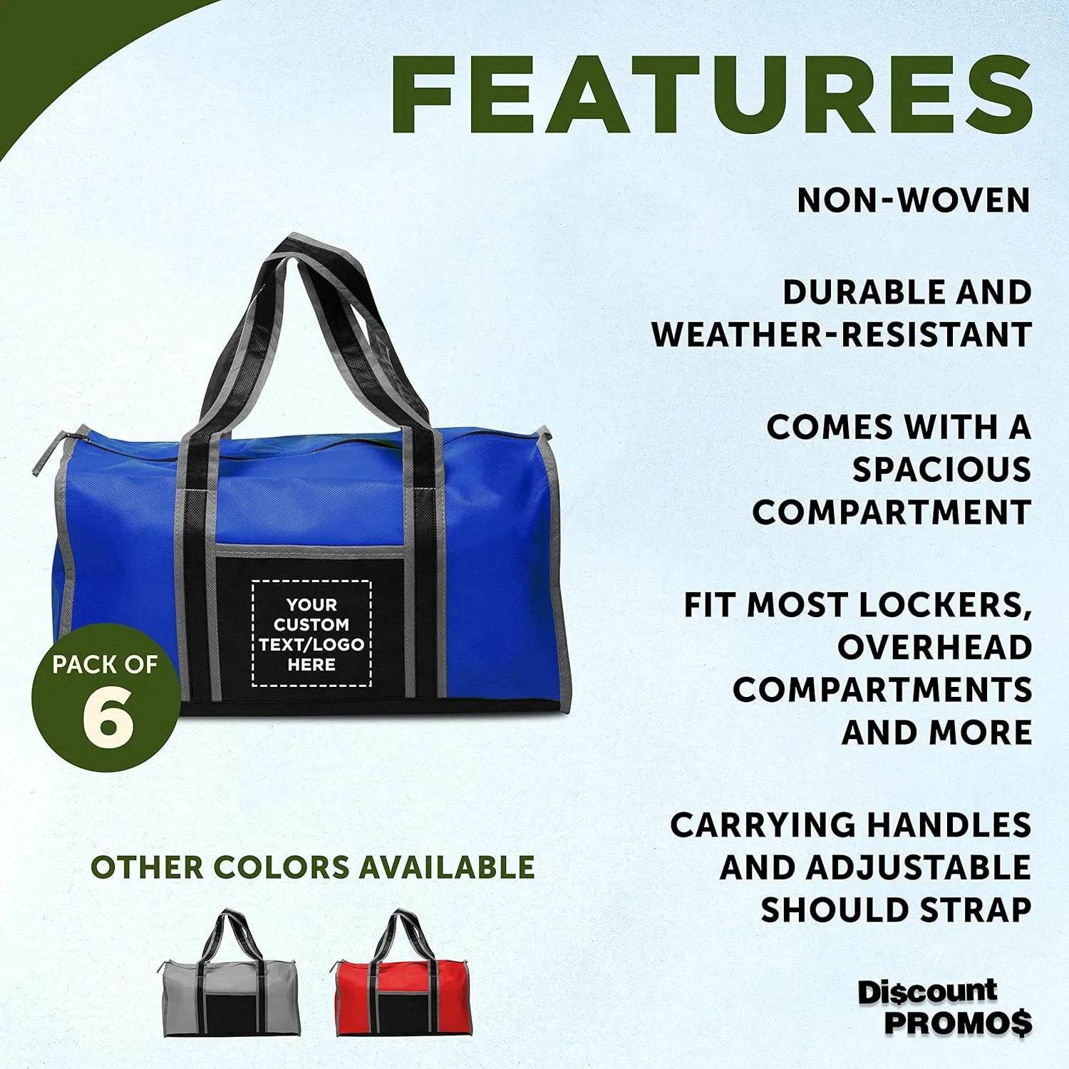 Custom Non-Woven Duffle Bags Set of 6, Personalized Bulk Pack - Great for Everyday Use, Perfect for Travellers, Athletes, Fitness Fanatics - Blue