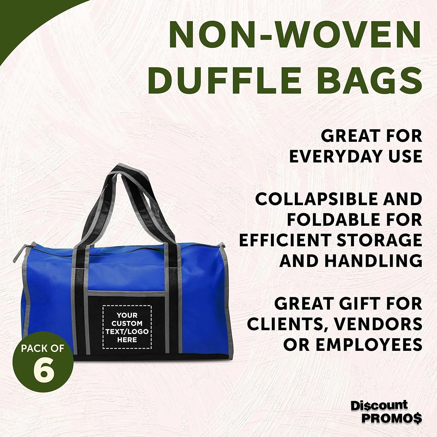 Custom Non-Woven Duffle Bags Set of 6, Personalized Bulk Pack - Great for Everyday Use, Perfect for Travellers, Athletes, Fitness Fanatics - Blue