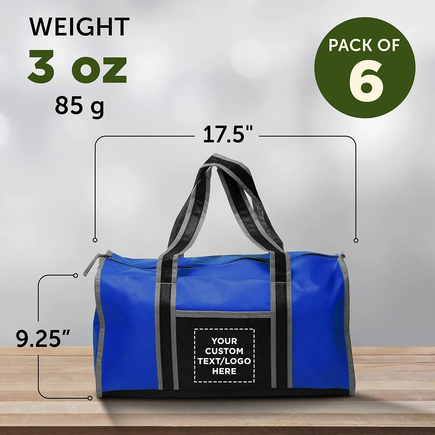 Custom Non-Woven Duffle Bags Set of 6, Personalized Bulk Pack - Great for Everyday Use, Perfect for Travellers, Athletes, Fitness Fanatics - Blue