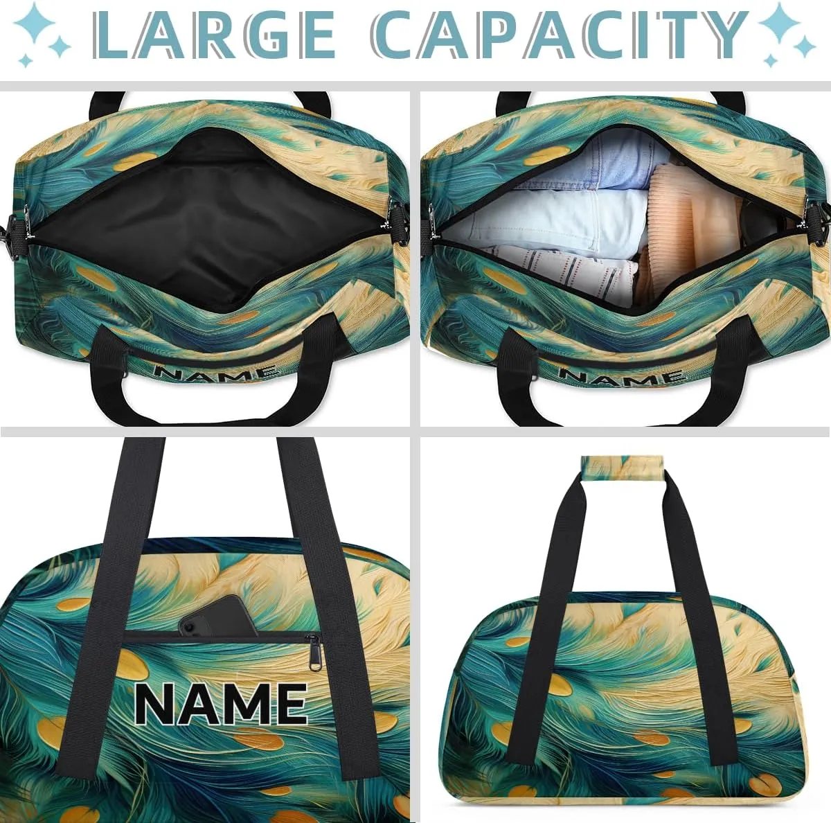 Custom Peacock Feather Small Gym Bag 18 inch for Women Men Personalized Animals Carry On Overnight Weekender Bag for Travel Work Dance Sport