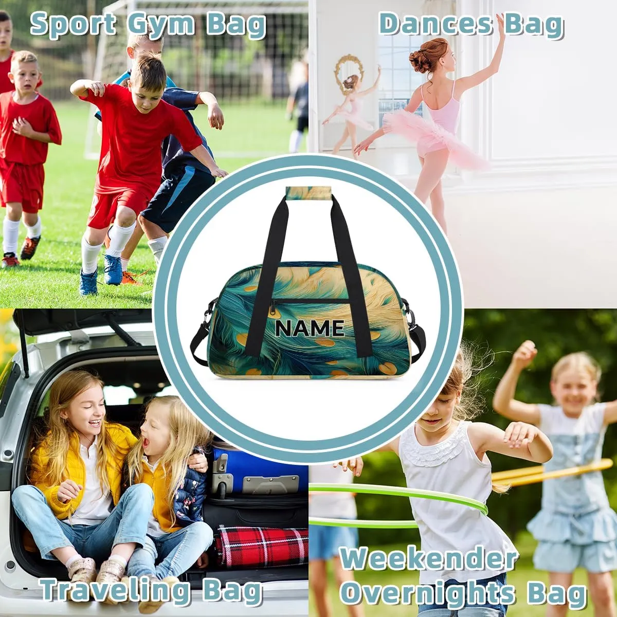 Custom Peacock Feather Small Gym Bag 18 inch for Women Men Personalized Animals Carry On Overnight Weekender Bag for Travel Work Dance Sport