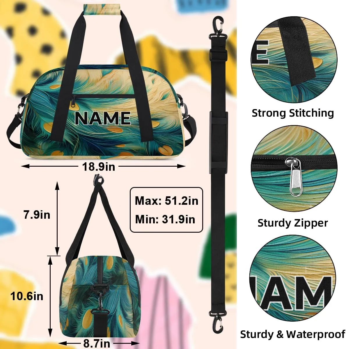 Custom Peacock Feather Small Gym Bag 18 inch for Women Men Personalized Animals Carry On Overnight Weekender Bag for Travel Work Dance Sport