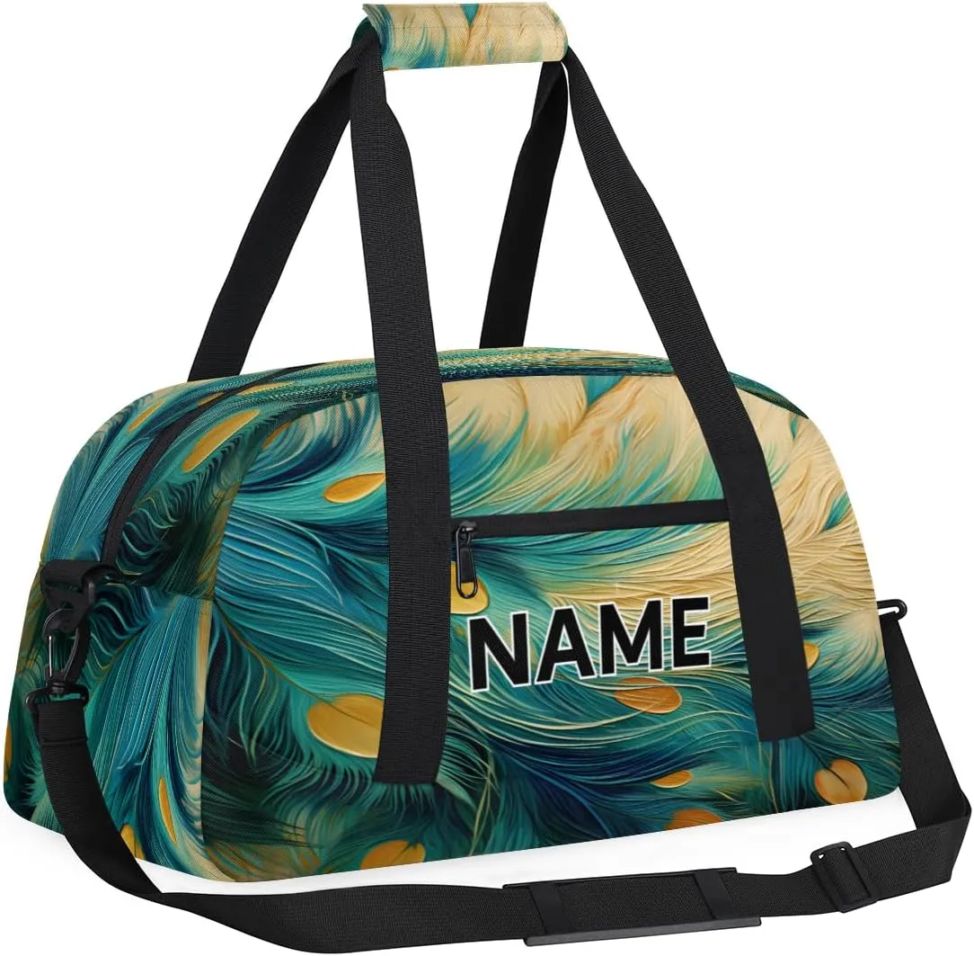Custom Peacock Feather Small Gym Bag 18 inch for Women Men Personalized Animals Carry On Overnight Weekender Bag for Travel Work Dance Sport