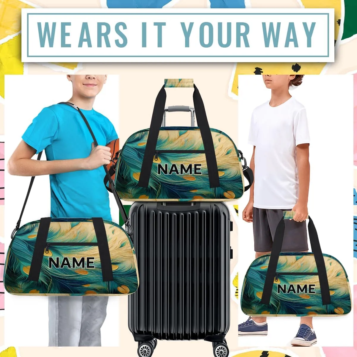 Custom Peacock Feather Small Gym Bag 18 inch for Women Men Personalized Animals Carry On Overnight Weekender Bag for Travel Work Dance Sport