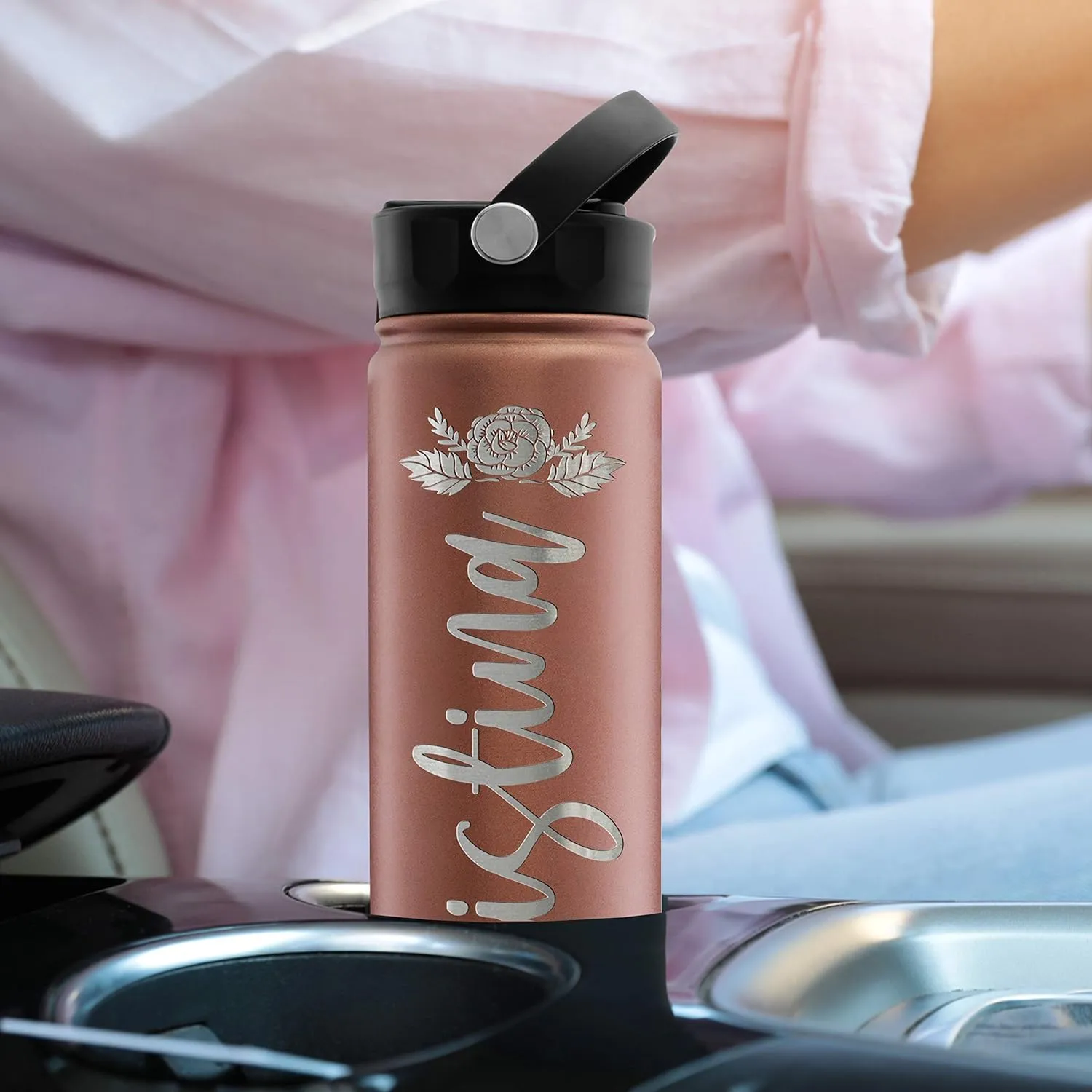 Custom Water Bottle w Straw Lid & Handle | 24 oz - Red | Personalized Double-Wall Vacuum-Insulated Sports Water Bottle w Name, Text | Laser Engraved Water Bottle
