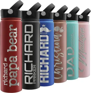 Custom Water Bottle w Straw Lid & Handle | 24 oz - Red | Personalized Double-Wall Vacuum-Insulated Sports Water Bottle w Name, Text | Laser Engraved Water Bottle