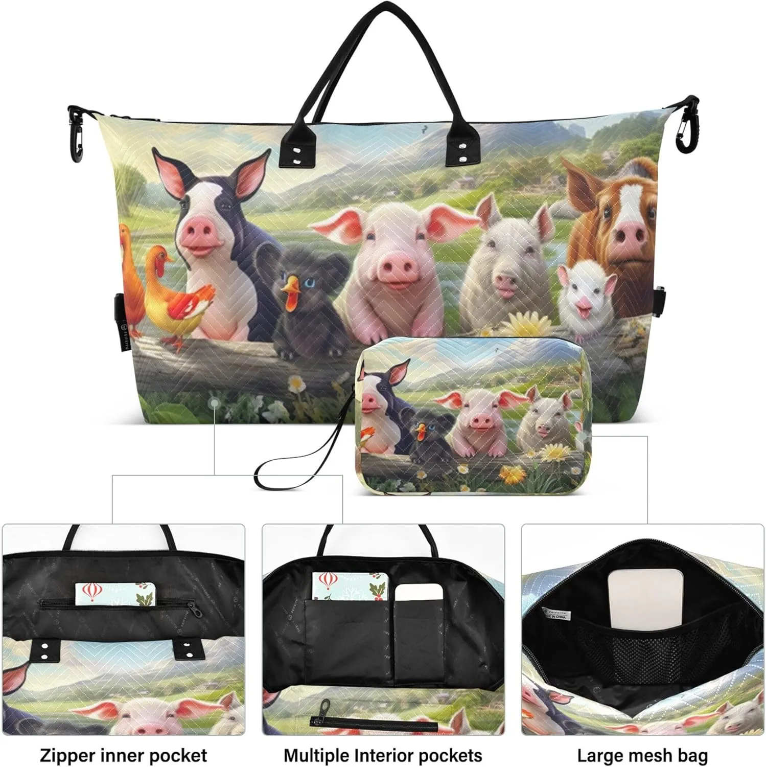 Cute Pig Animals Duffle Travel Bag Cosmetic Bags Set of 2, Flower Women Small Gym Bag Traveling Bags